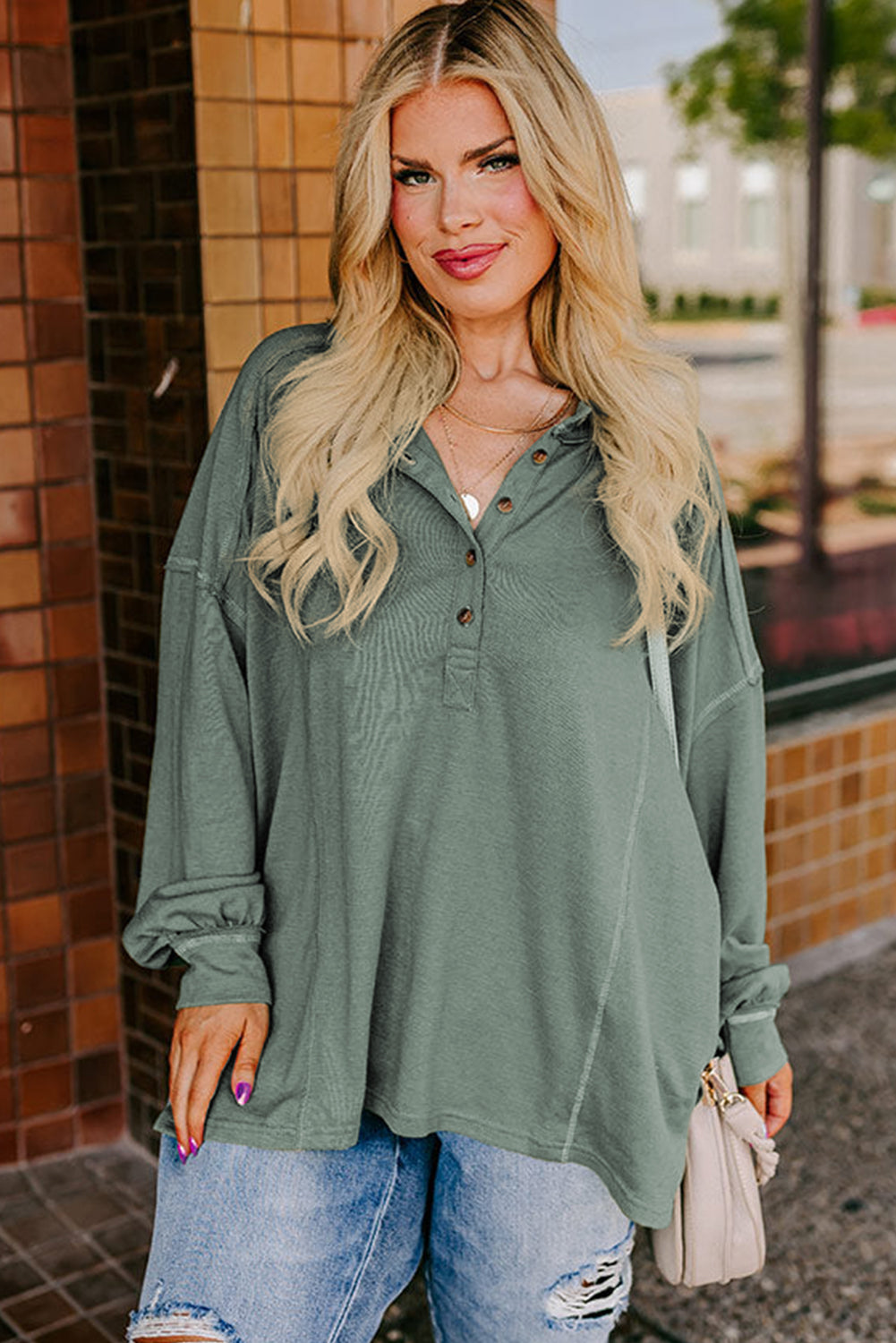 Seagrass Plus Size Exposed Seam Drop Shoulder Henley Top BB Fashion Outlet