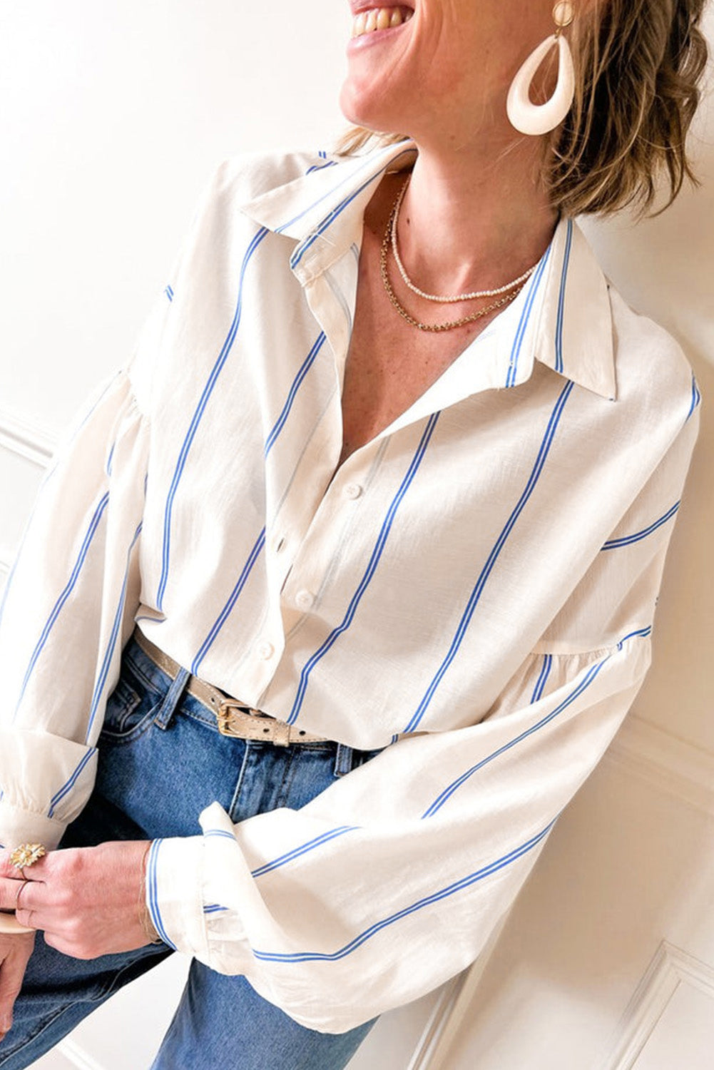 Sky Blue Stripe Drop Shoulder Bubble Sleeve Loose Shirt eAura