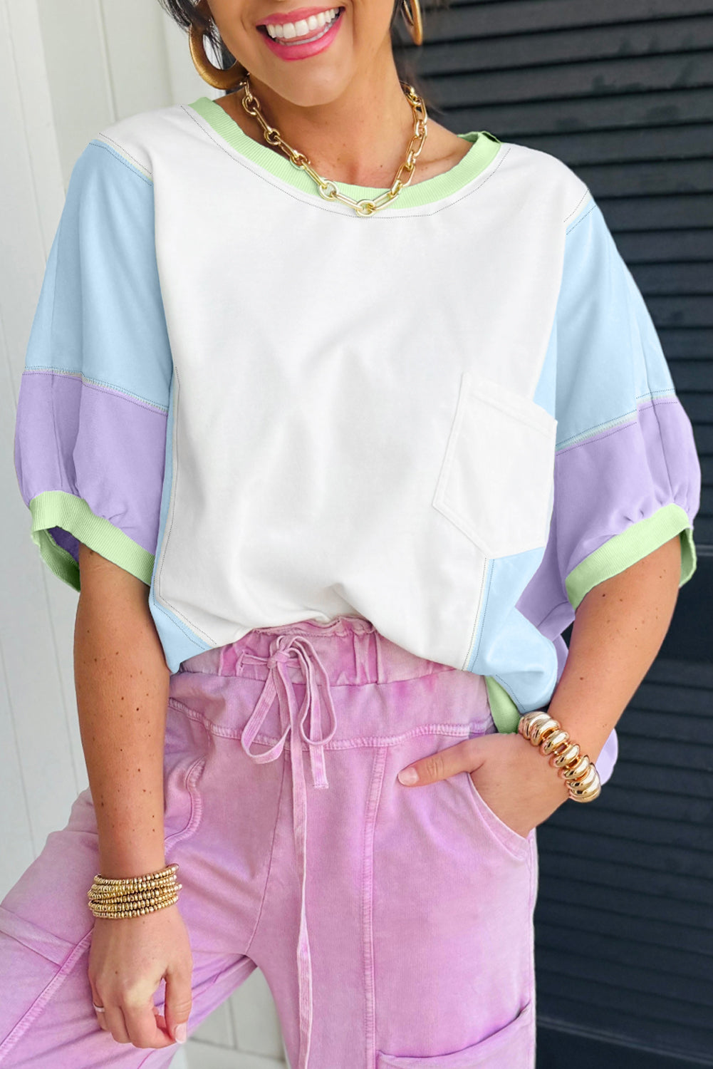 Purple Colour Block Patchwork Half Sleeve Oversized T Shirt eAura