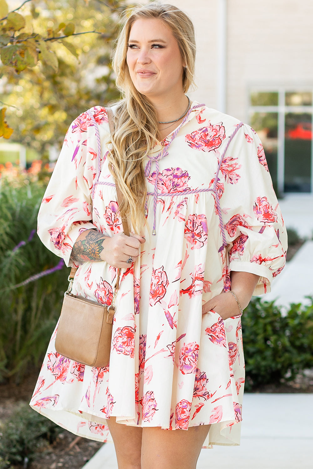 White Floral Print Lace up V Neck Balloon Sleeve Plus Size Shift Mini Dress BB Fashion Outlet
