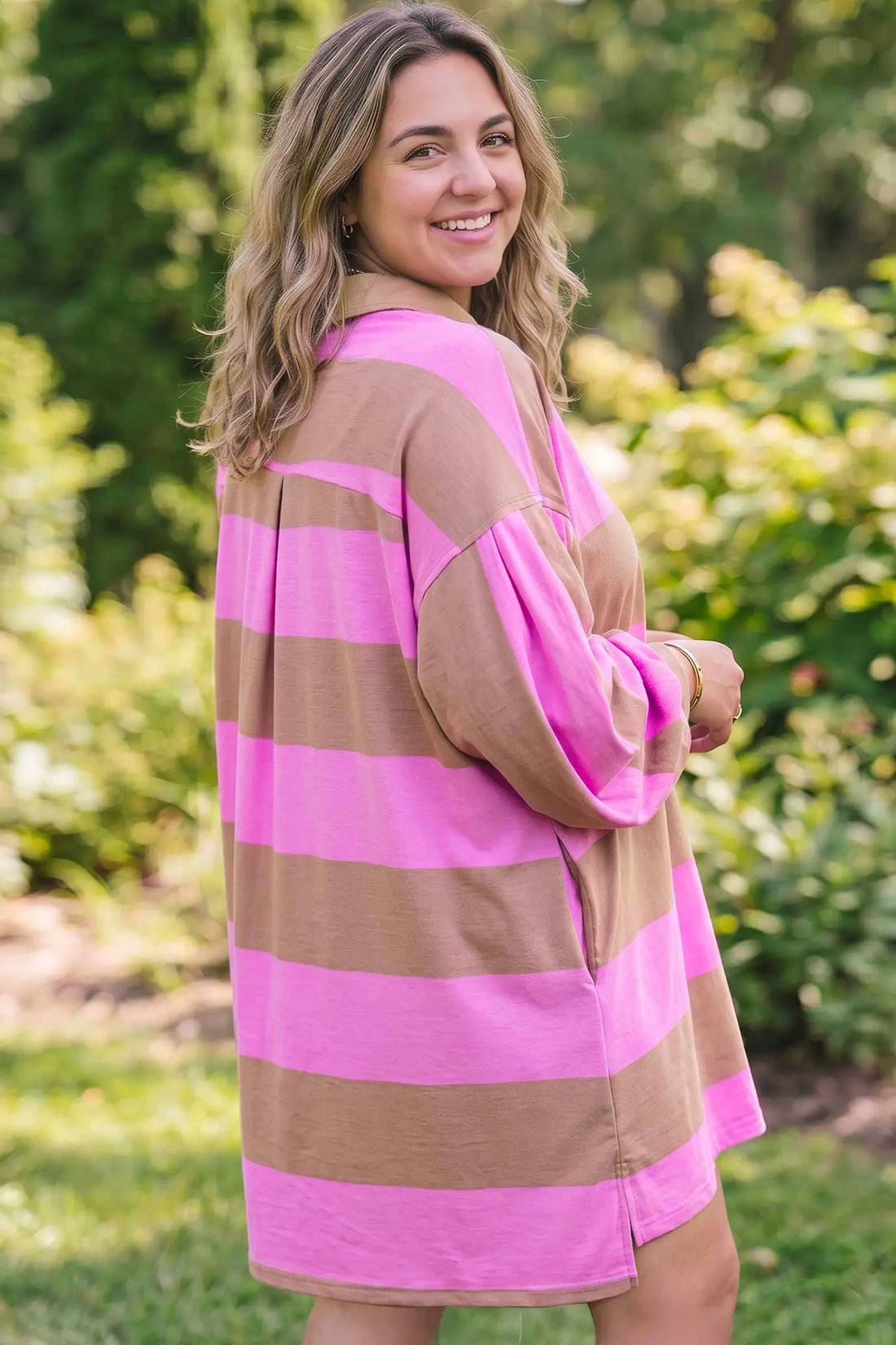 Striped Colourblock Long Sleeve V Neck Shift Plus Size Dress – Rose Stripe