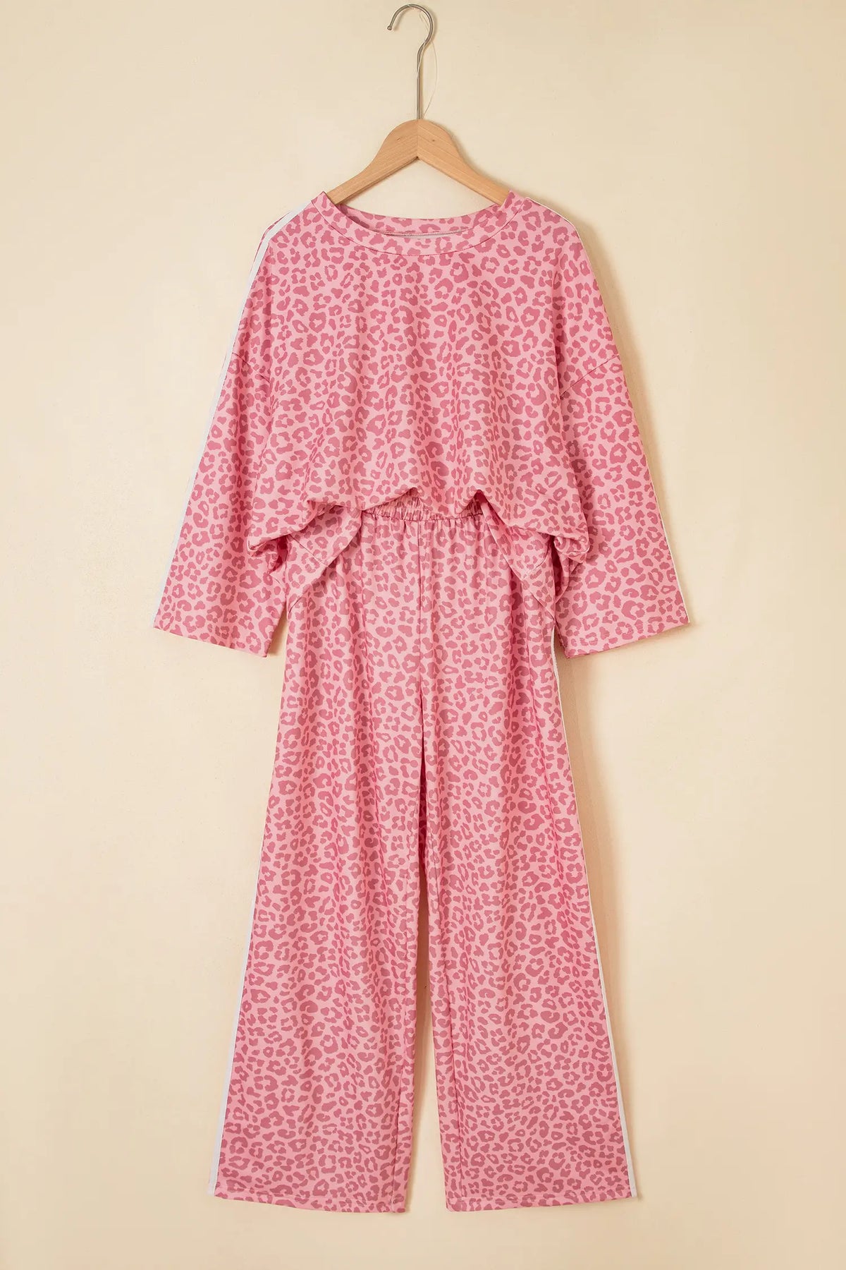 Leopard Print Varsity Striped Detail 3/4 Sleeve Top Shift Pant Set – Pink
