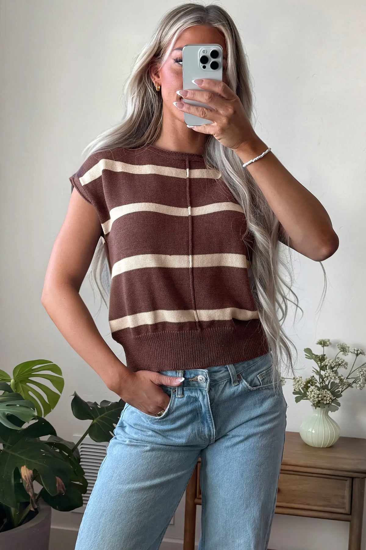 Knit Western Short Sleeve Sweater – Brown Stripe