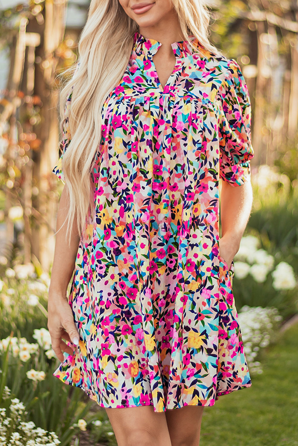 Pink Floral Puff Short Sleeve V Neck Mini Dress eAura