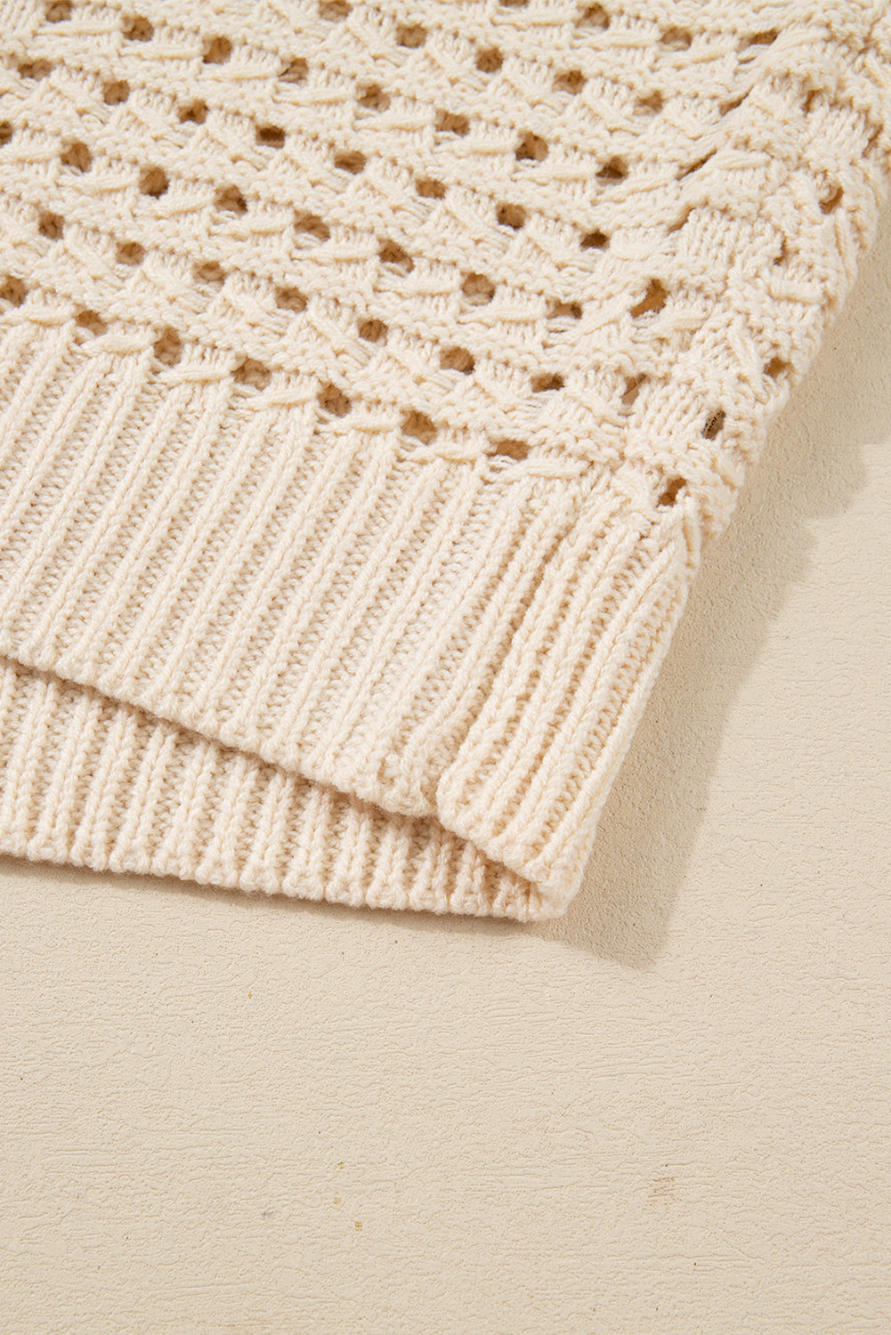 Beige Hollowed Knit Zip-Up Drop Shoulder Cardigan - eAura