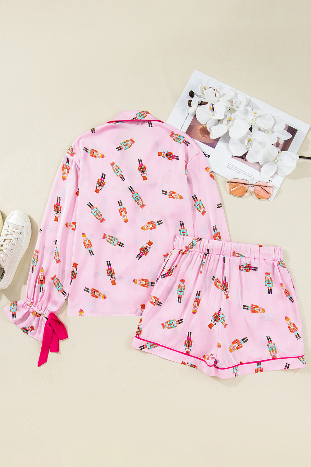 Nutcracker Print Contrast Trim Tied up Bow Silky 2pcs Pajama Set - eAura