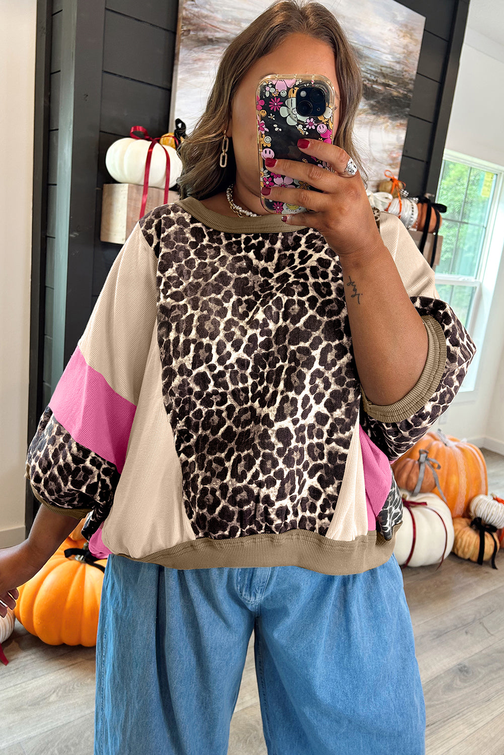 Leopard Print Colour Block 3/4 Sleeve Baggy Top - eAura