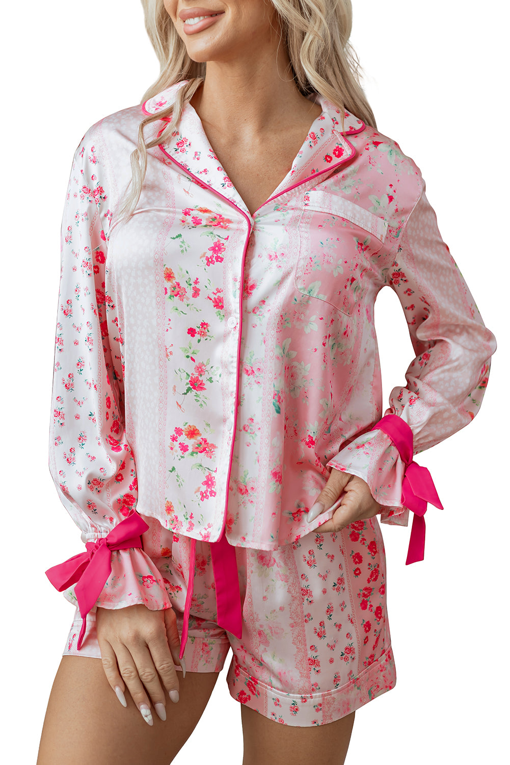 Pink Mixed Floral Print Contrast Piping Trim Satin Tie Pyjama Set - eAura