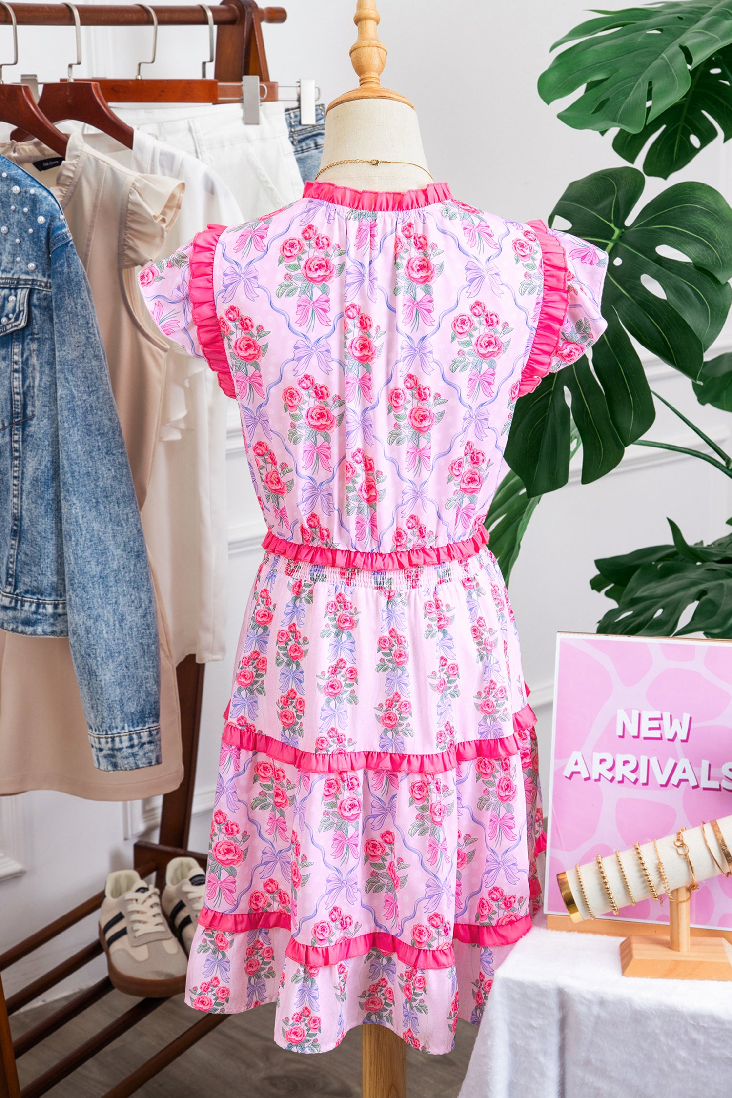 Tiered Ruffle Floral Print Shirred Waist Sleeveless Mini Dress