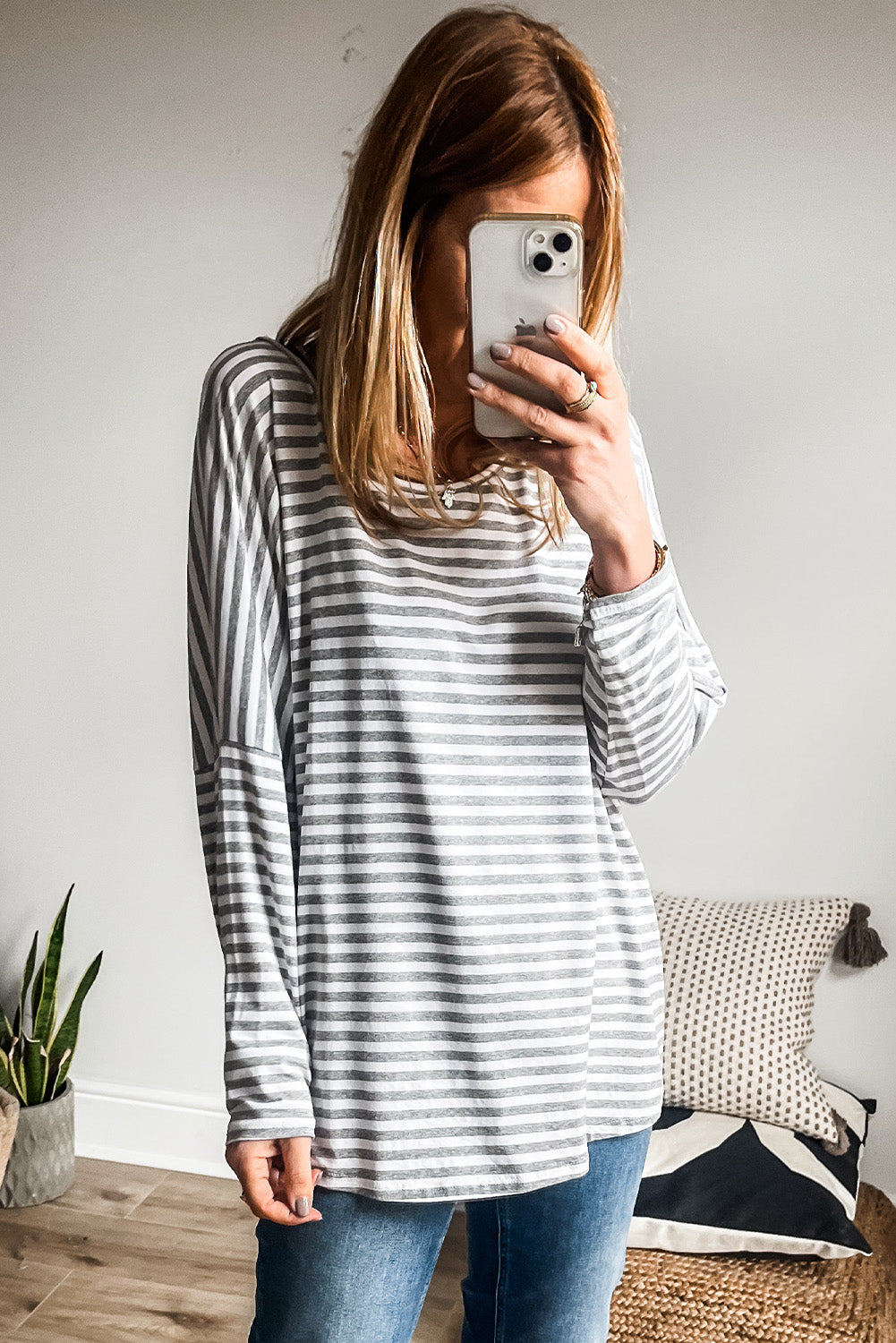 Gray Stripe Drop Sleeve Round Neck Oversized Long Sleeve Top Beagle Boutique Fashion Outlet