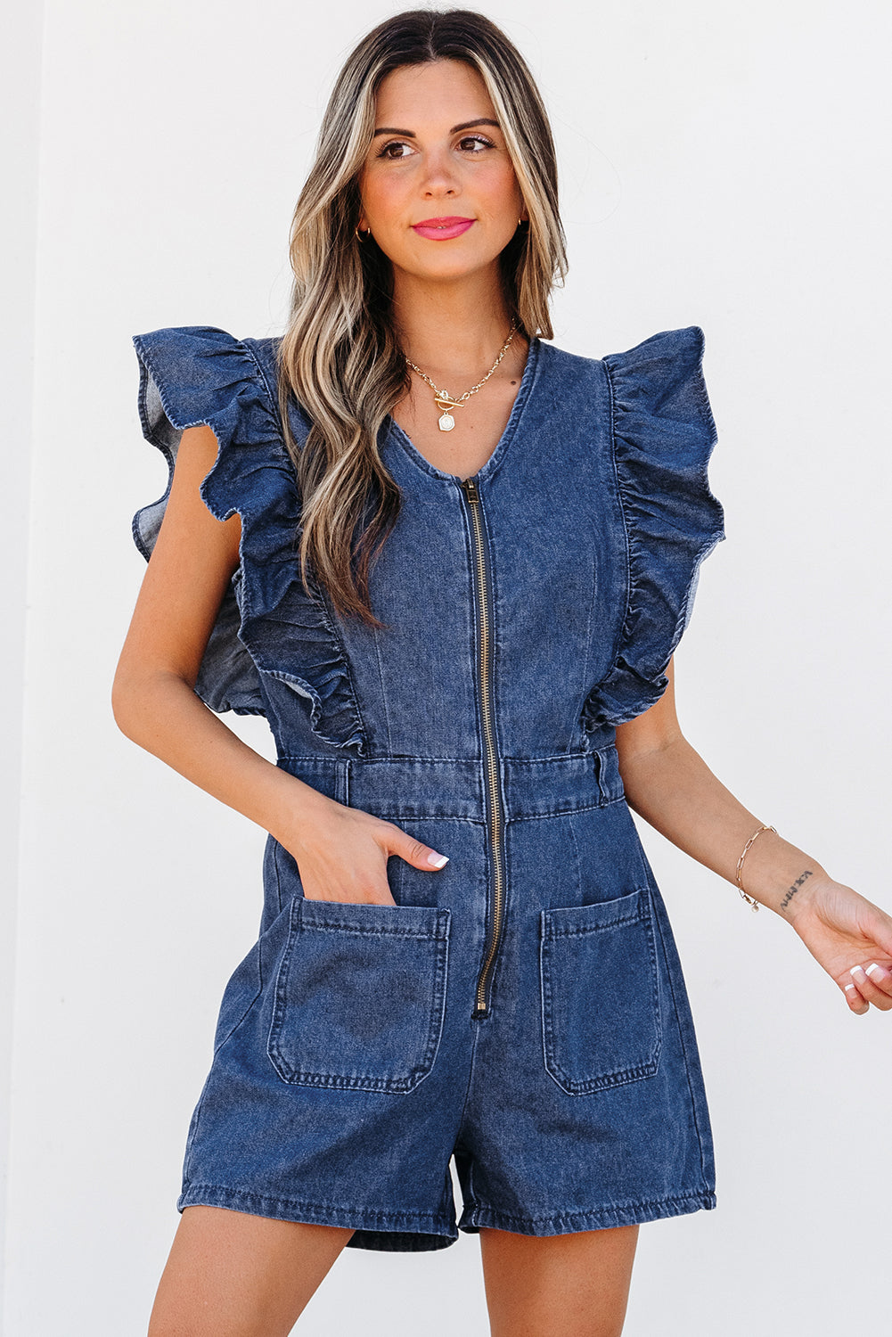 Sail Blue Denim Ruffled Zipped Front Belted Romper eAura