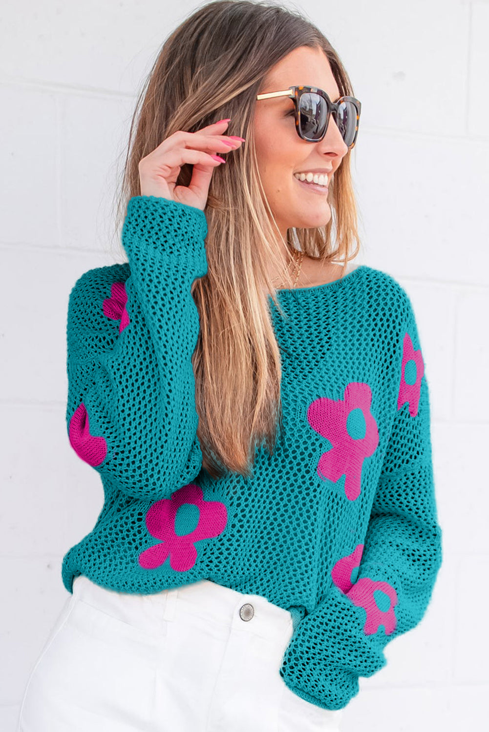 Light Pink Big Flower Hollowed Knit Drop Shoulder Sweater eAura