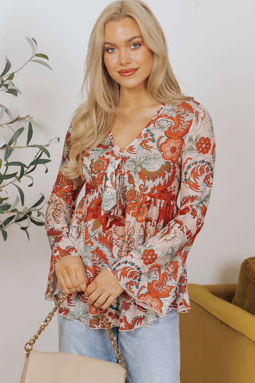 Orange Floral Print Deep V Neck Knot Bell Sleeve Blouse eAura