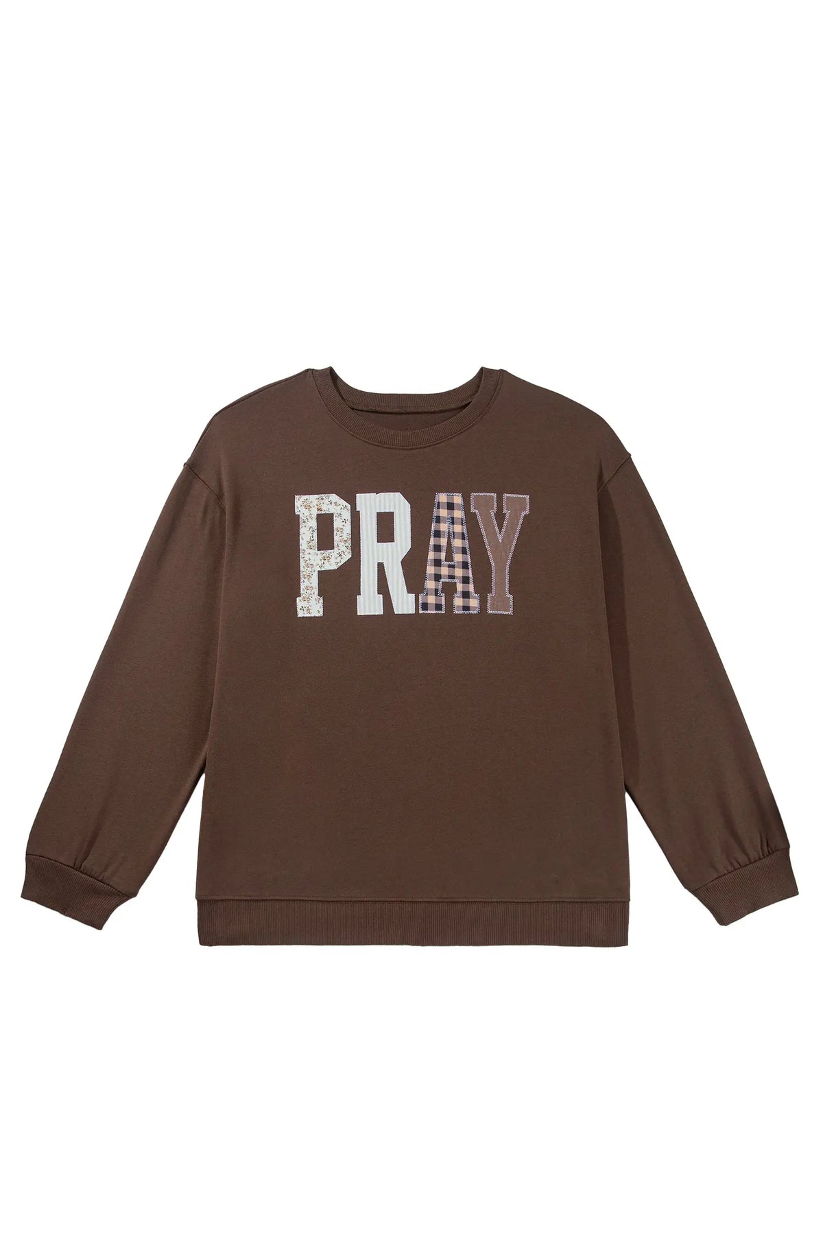 Coffee PRAY Letter Patchwork Round Neck Long Sleeve Plus Size Sweatshirt – Brown