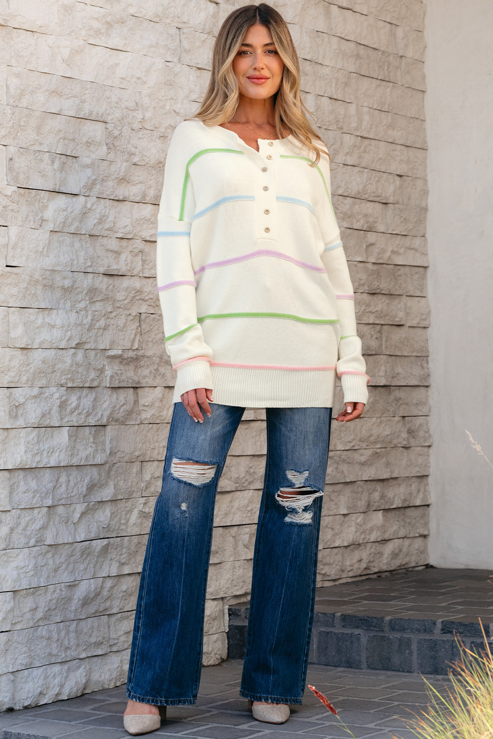 White Rainbow Stripes Drop Shoulder Baggy Henley Sweater eAura