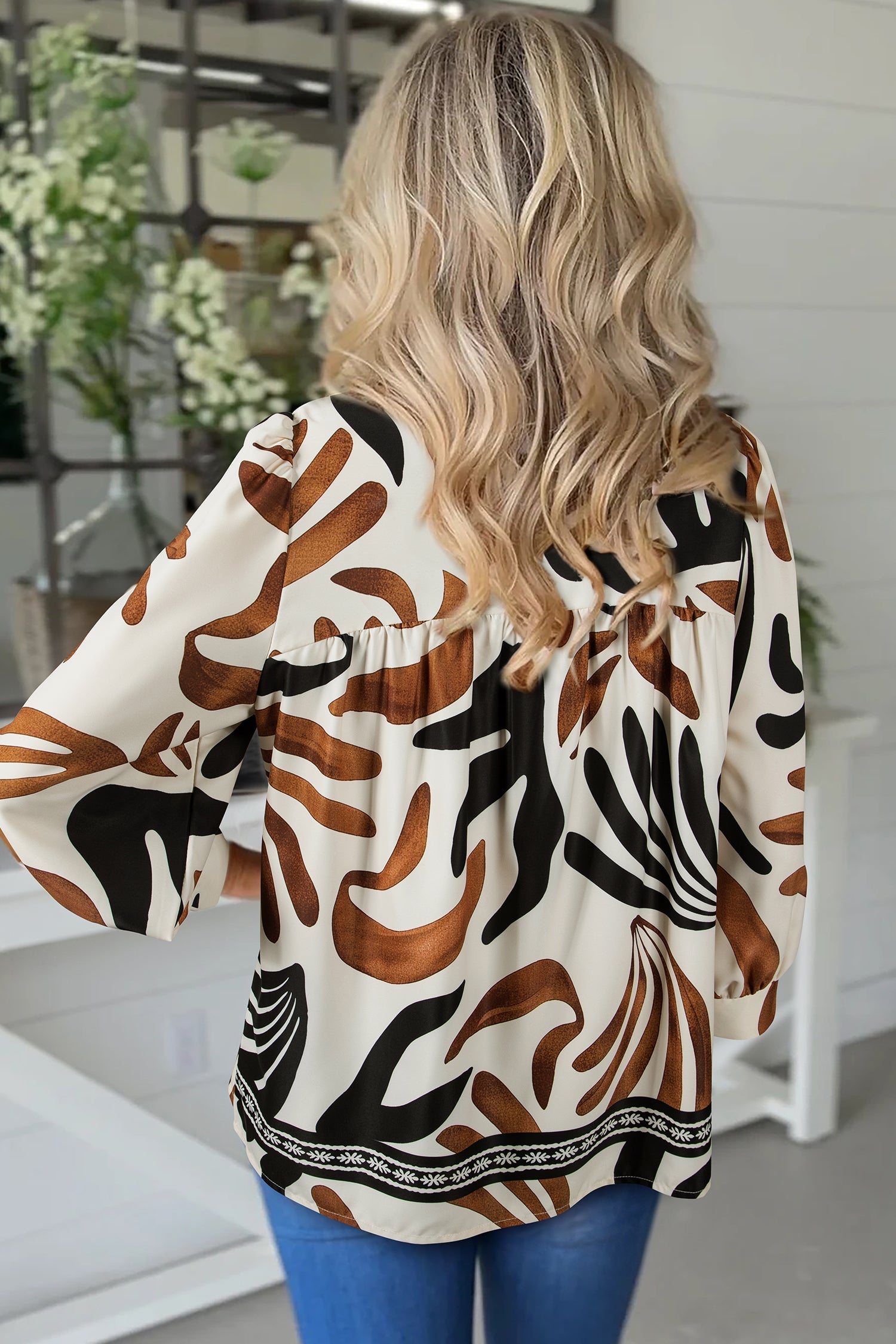 Abstract Print Blouse Puff Sleeve Relaxed Blouse - eAura