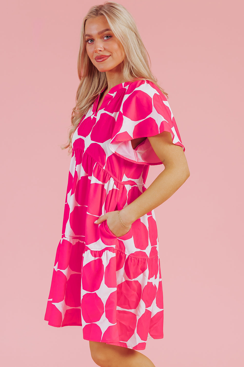 Rose Polka Dot Flutter Sleeve Notched Neck Tiered Flowy Dress - eAura