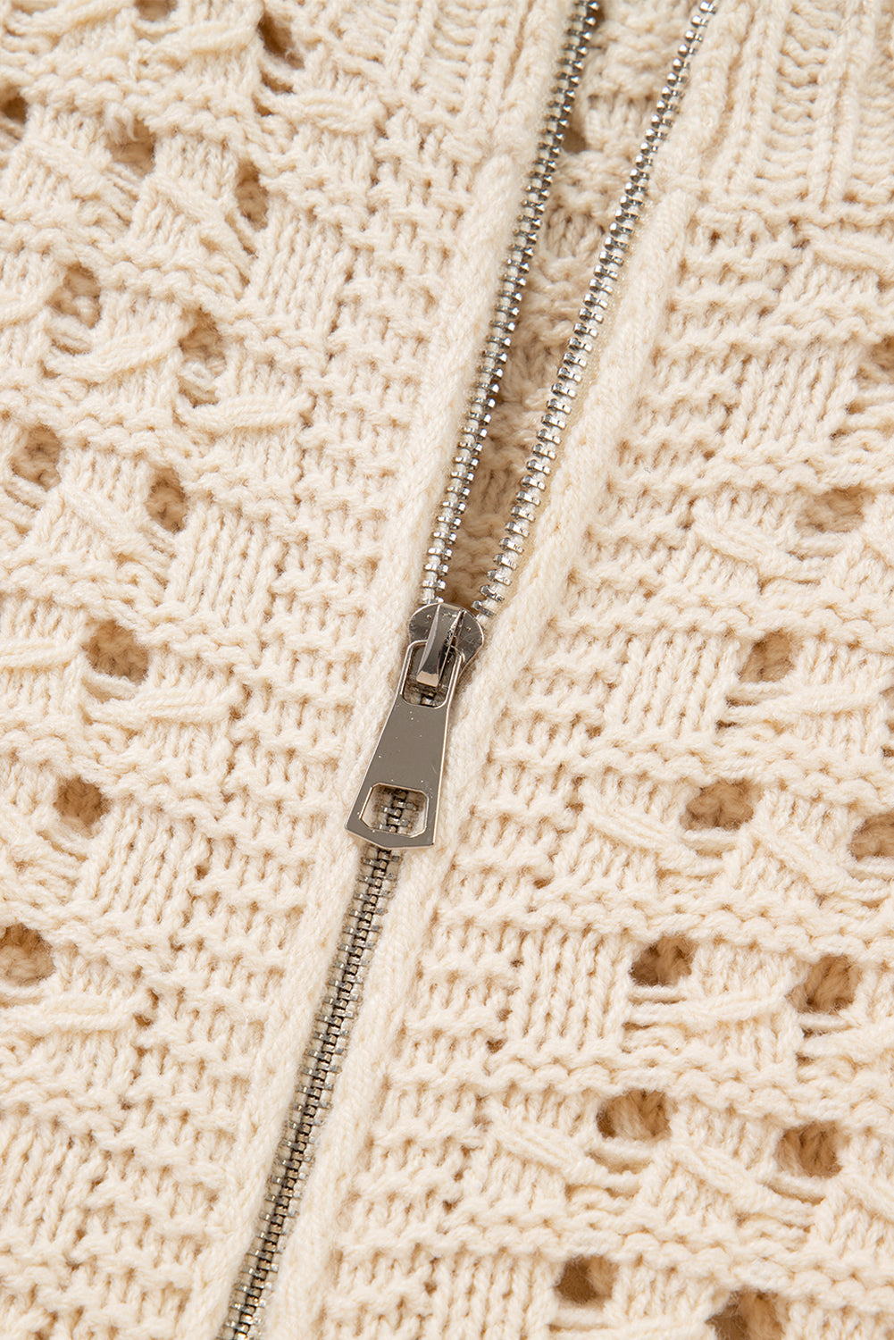 Beige Hollowed Knit Zip-Up Drop Shoulder Cardigan - eAura