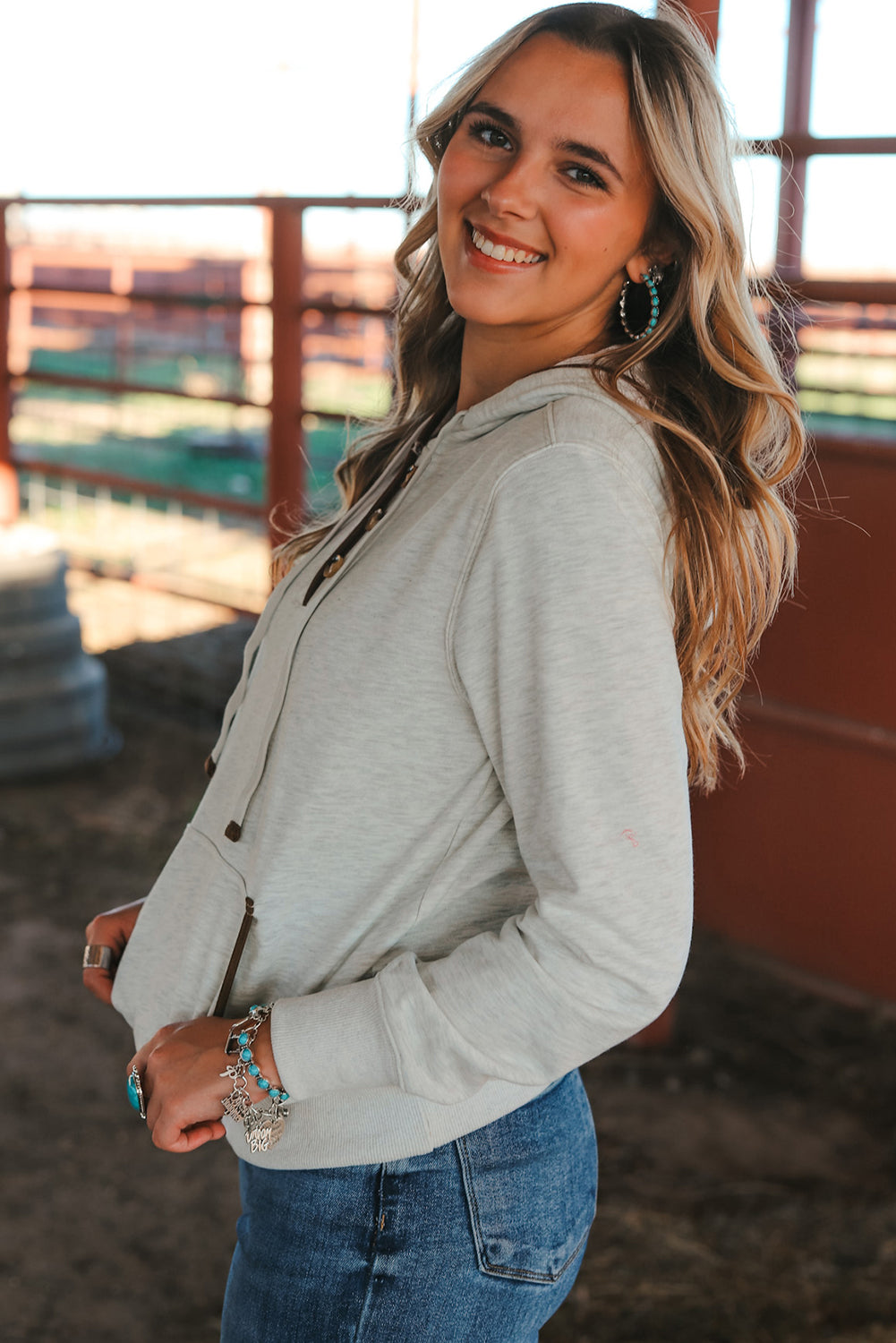 Beige Drawstring Kangaroo Pocket Henley Hoodie eAura