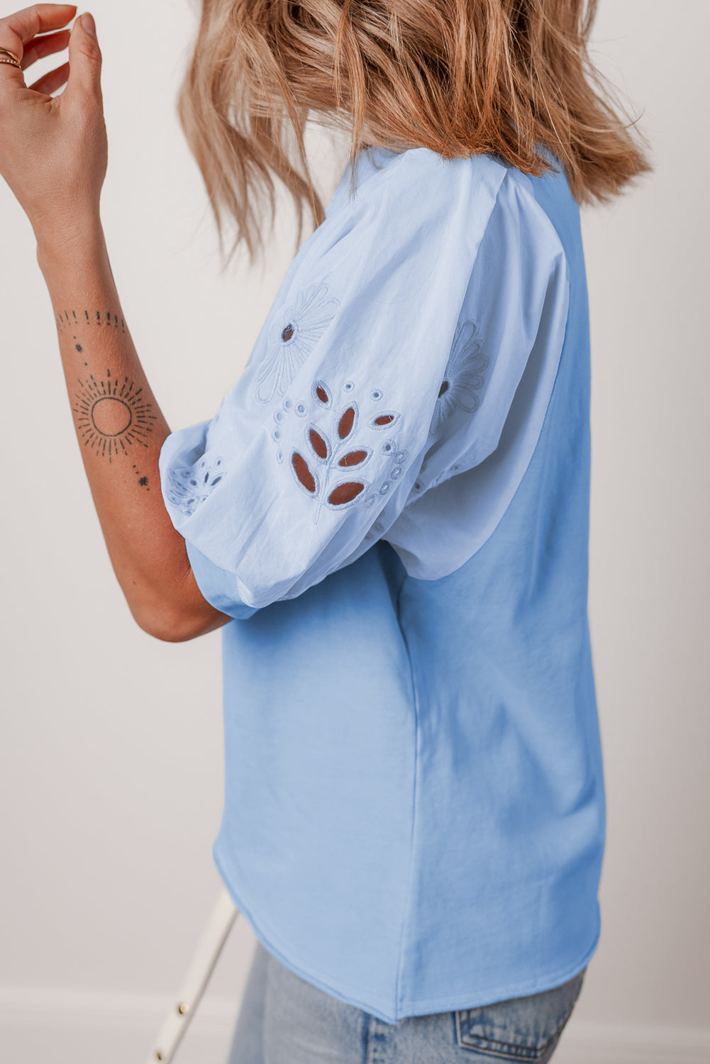 Beau Blue Eyelet Flower Embroidered Puff Short Sleeve Patchwork Crew Neck Blouse eAura