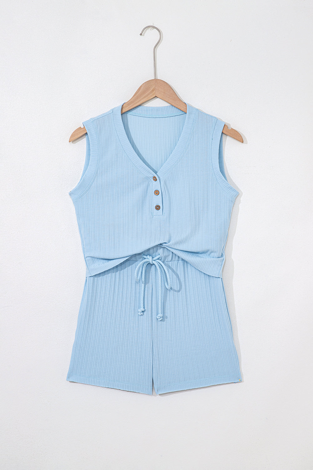 Beau Blue Ribbed Button V Neck Tank Top and Shorts Set - eAura