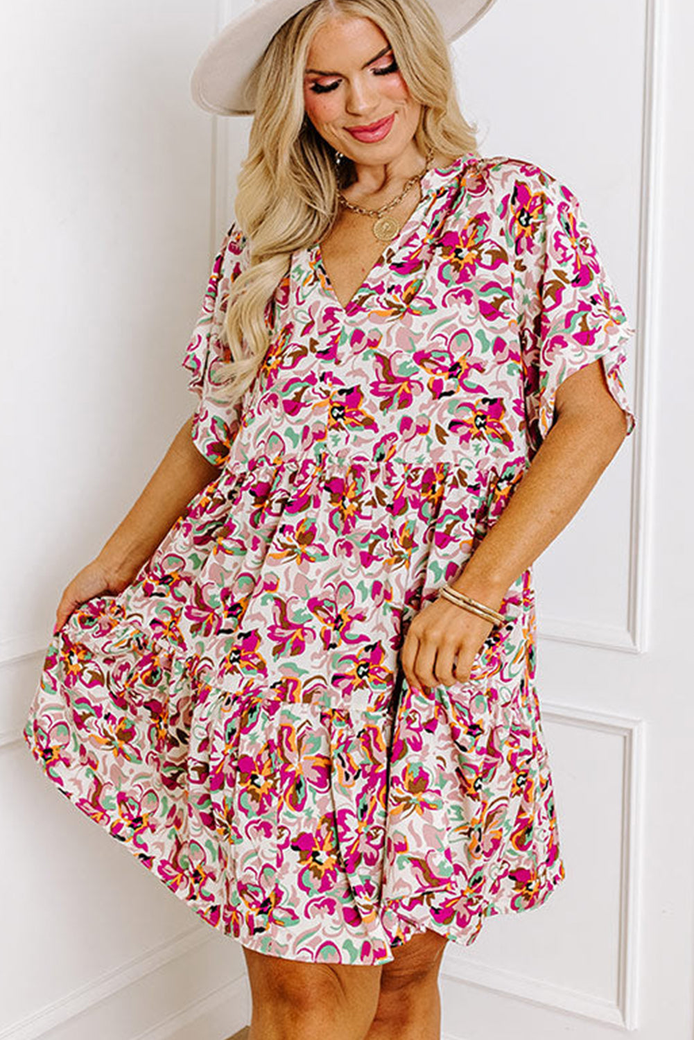 White Abstract Print V Neck Short Sleeve Ruffled Plus Size Mini Dress BB Fashion Outlet