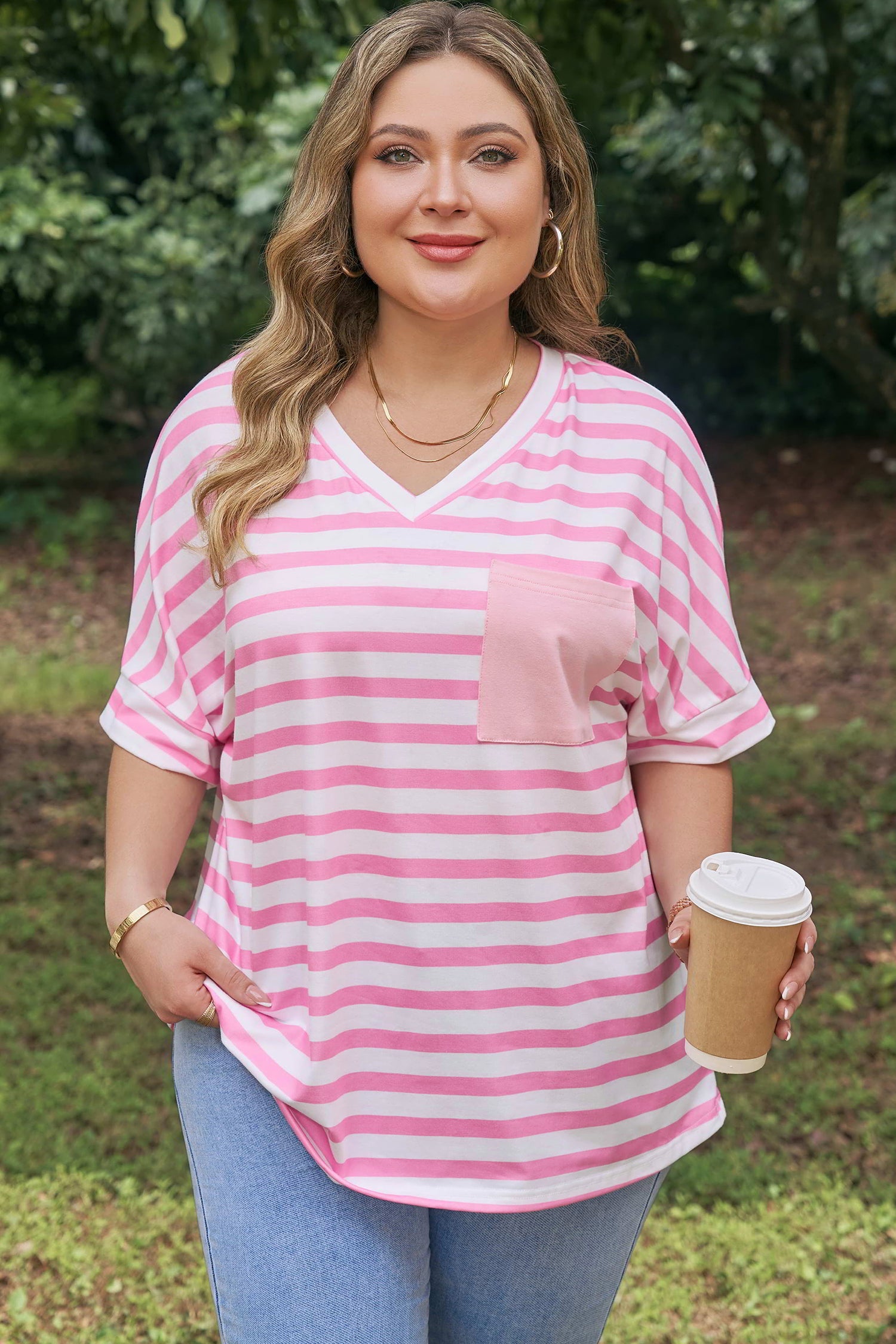 Plus Size Stripe Colourblock Patched Pocket V-Neck Tee