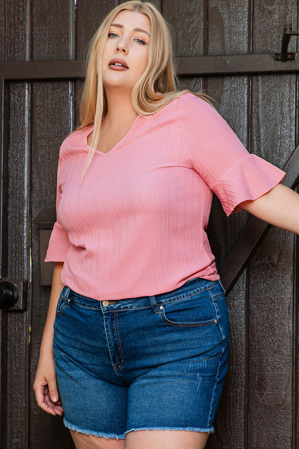 Peach Blossom Ruffled Half Sleeve V Neck Textured Plus Top BB Fashion Outlet