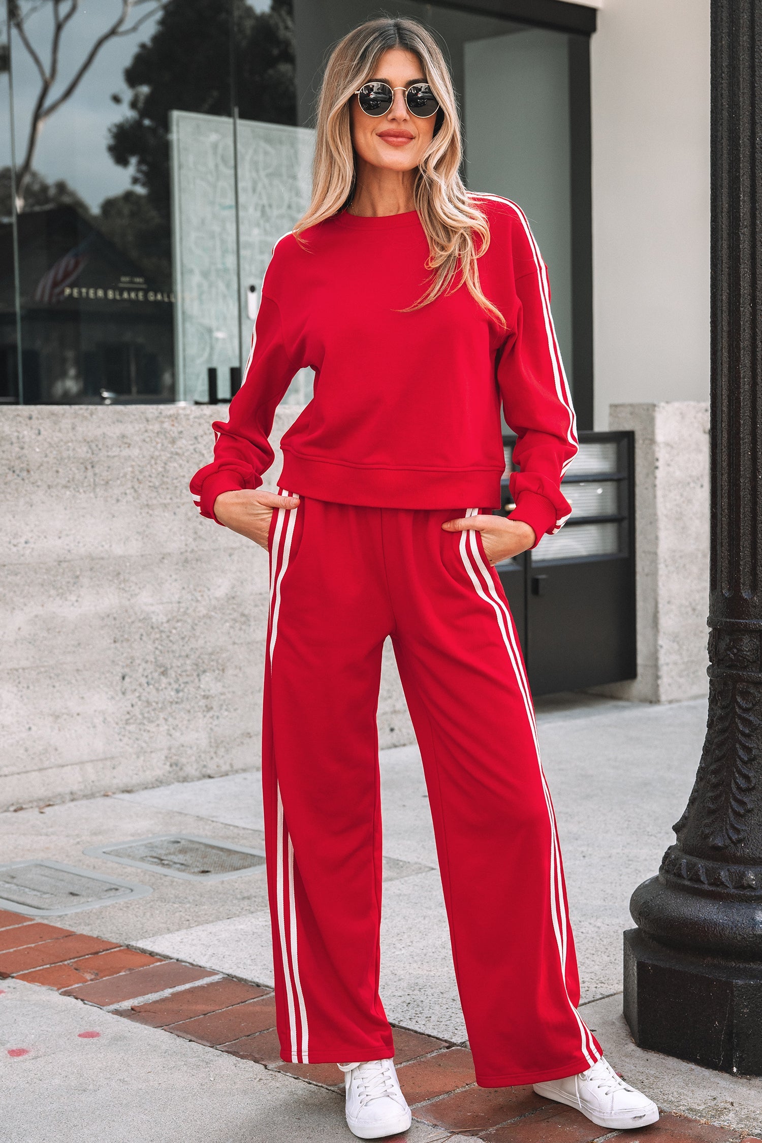 Varsity Striped Detail Crewneck Pullover Elastic Sweatpants 2pcs Co-ord - Two Piece Sets/Pant Sets
