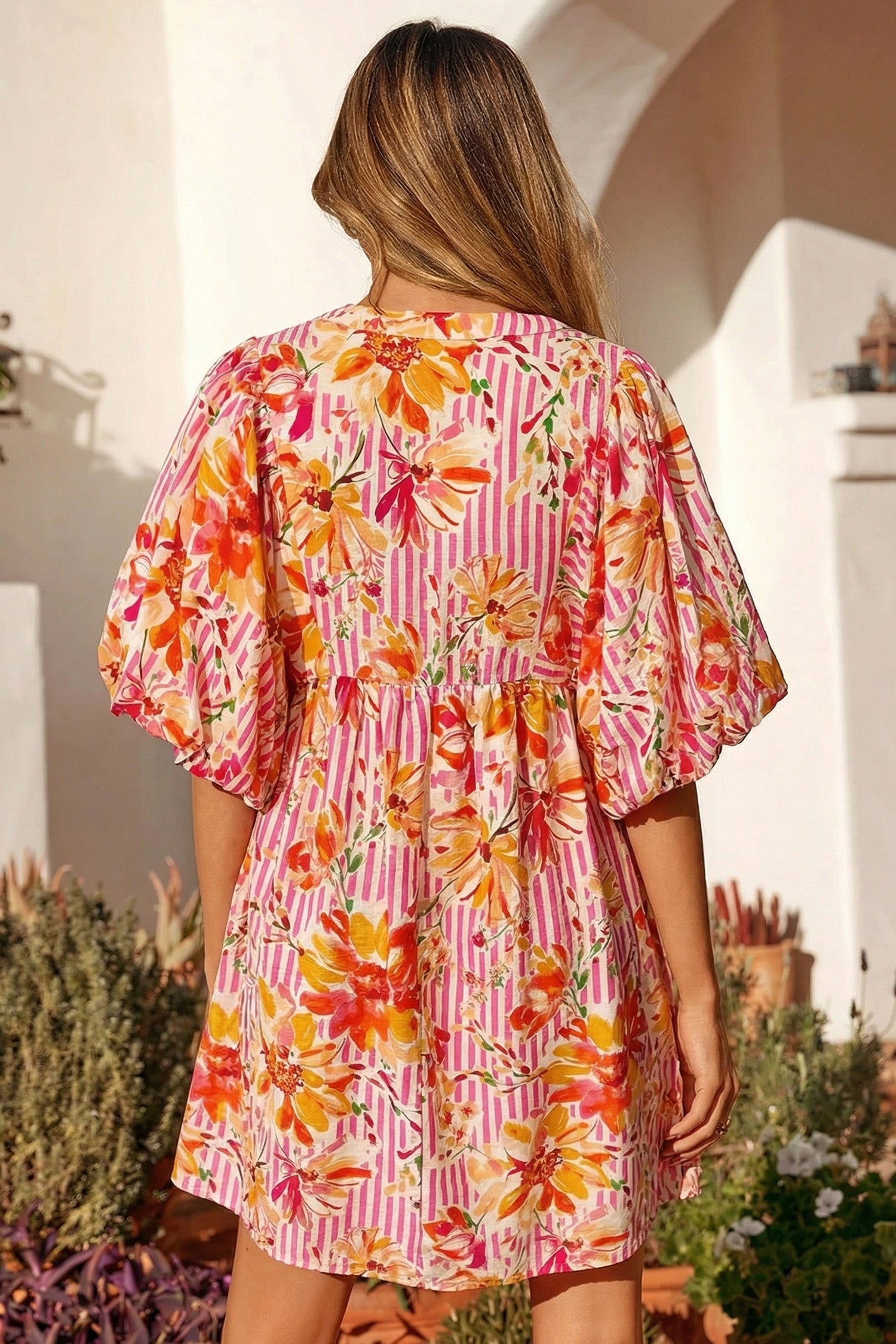 Striped Floral Print Tie Neck Puff Sleeve Babydoll Mini Dress