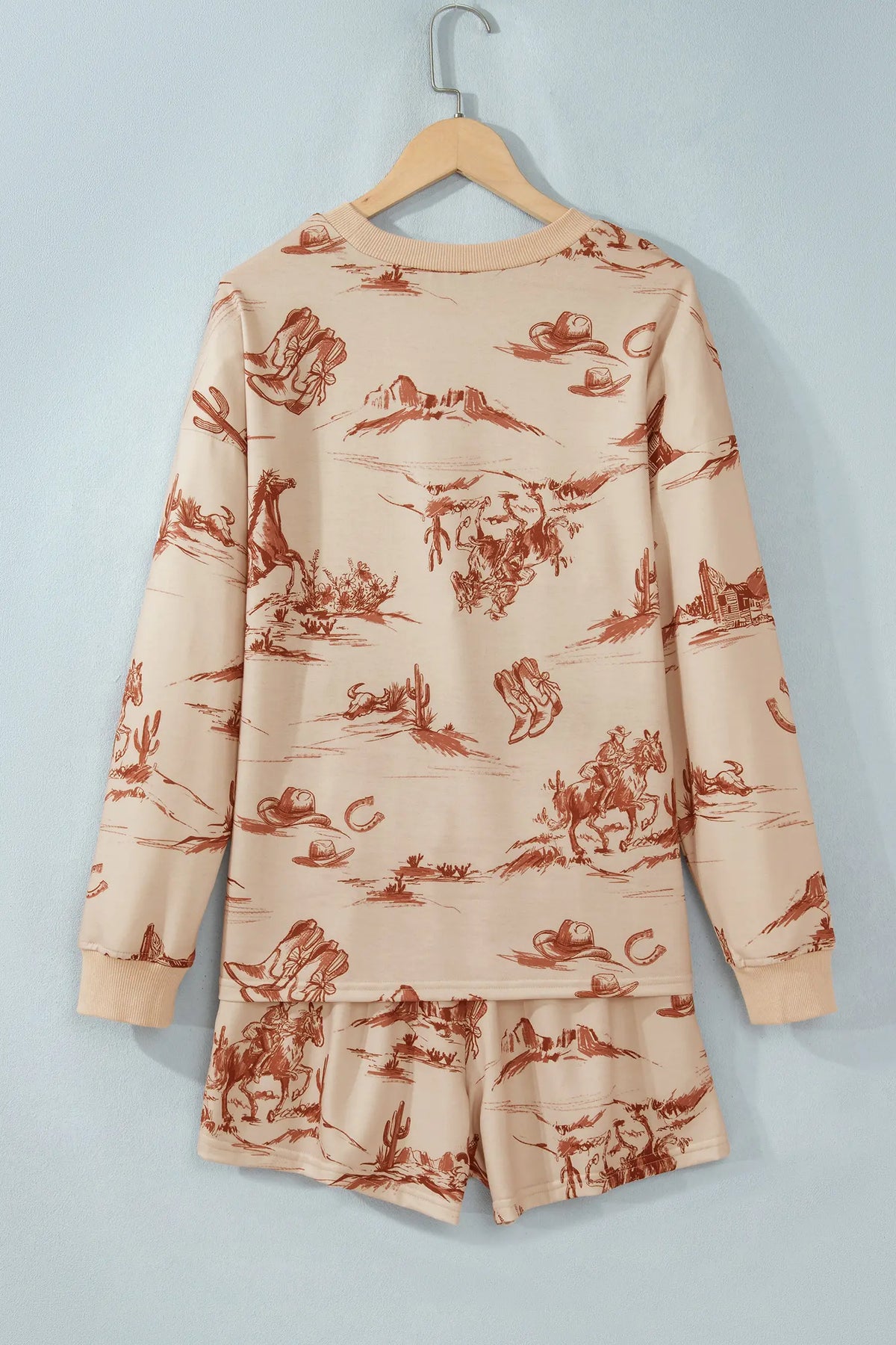 Western Print Loose Fit Long Sleeve Top Short Set – Beige