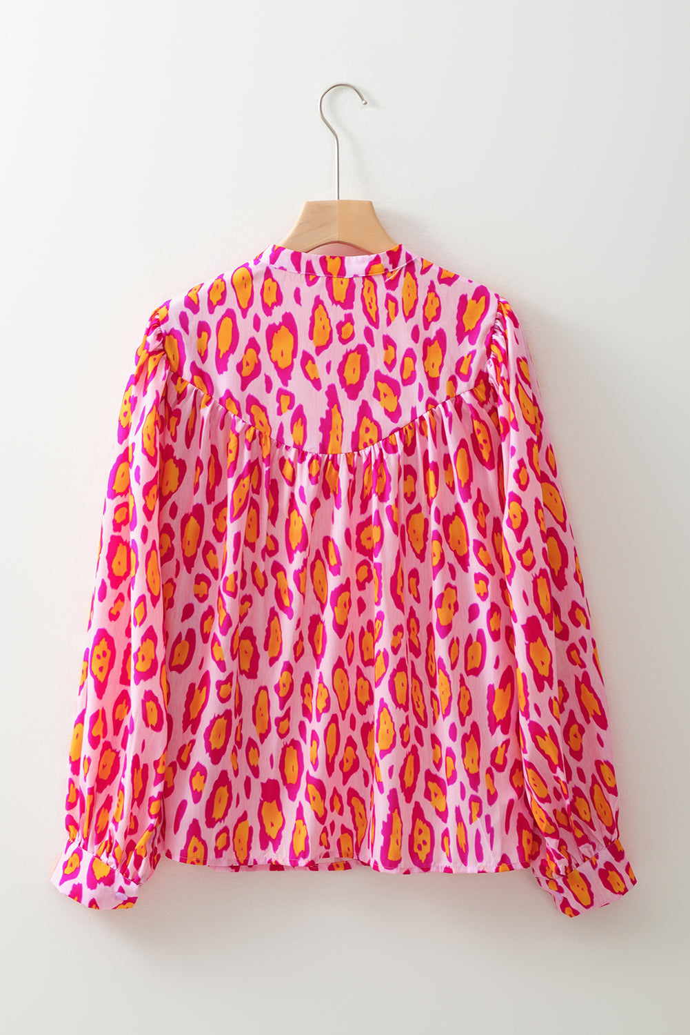 Rose Red Oversized Leopard Print Balloon Sleeve Casual Shirt eAura