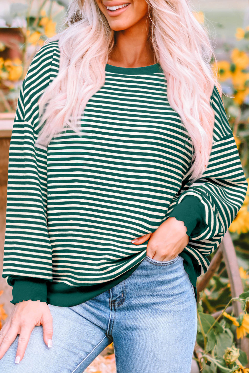 Green Stripe Loose Drop Shoulder Long Sleeve Top BB Fashion Outlet