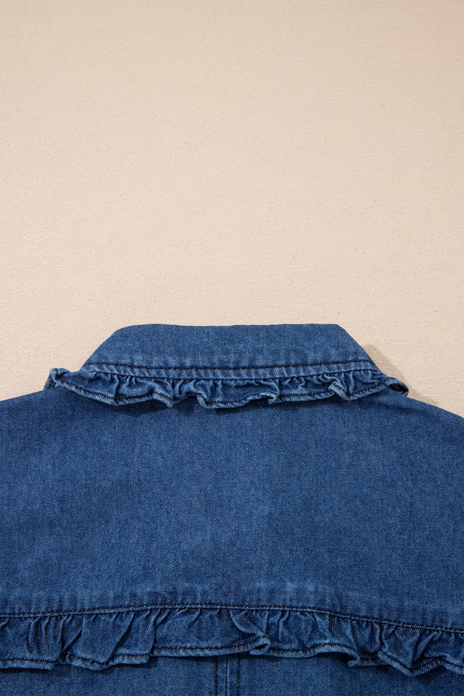 Ruffled Edge Collared Shift Denim Dress with Pockets