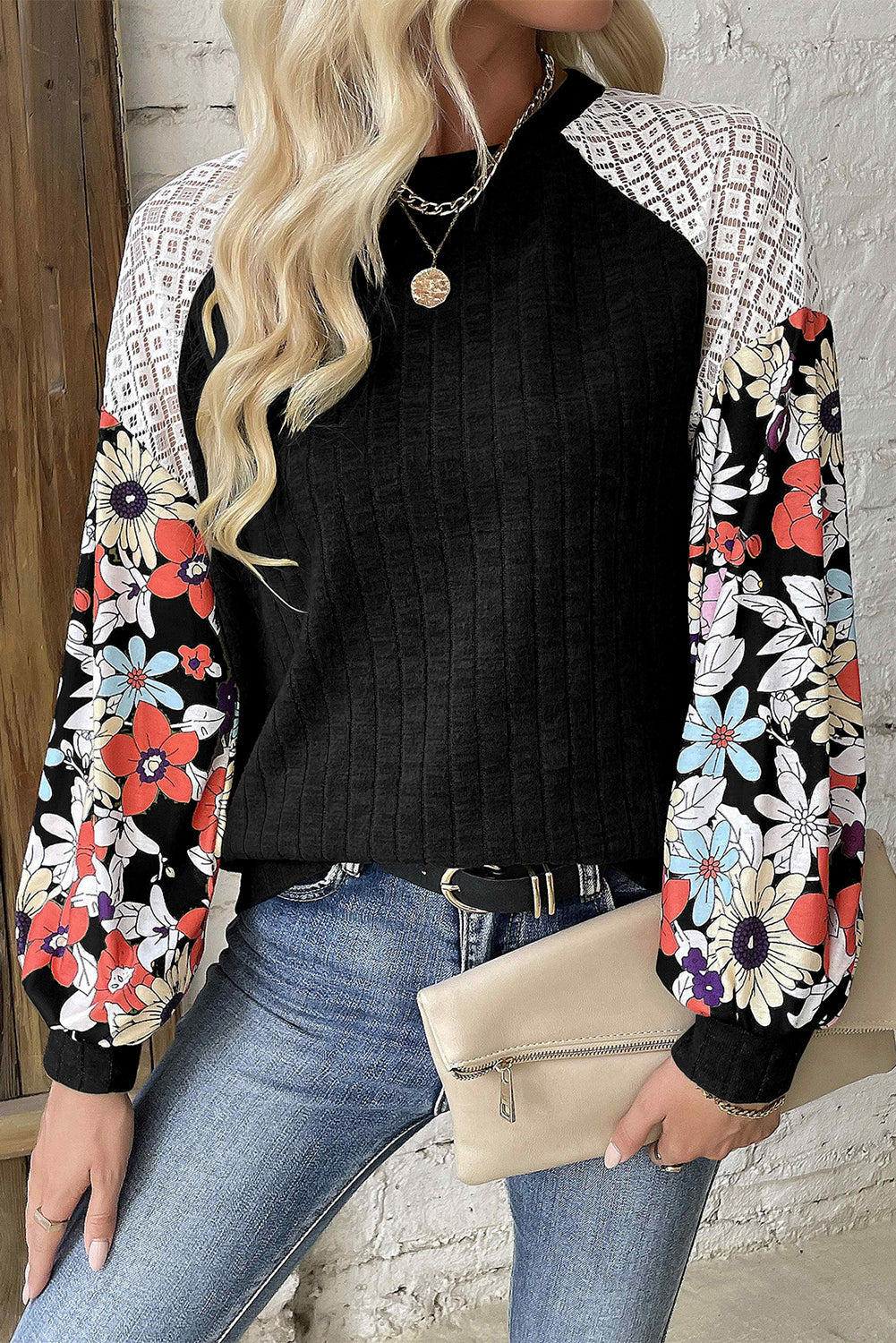 Black Floral Patchwork Long Sleeve Ribbed Blouse - eAura