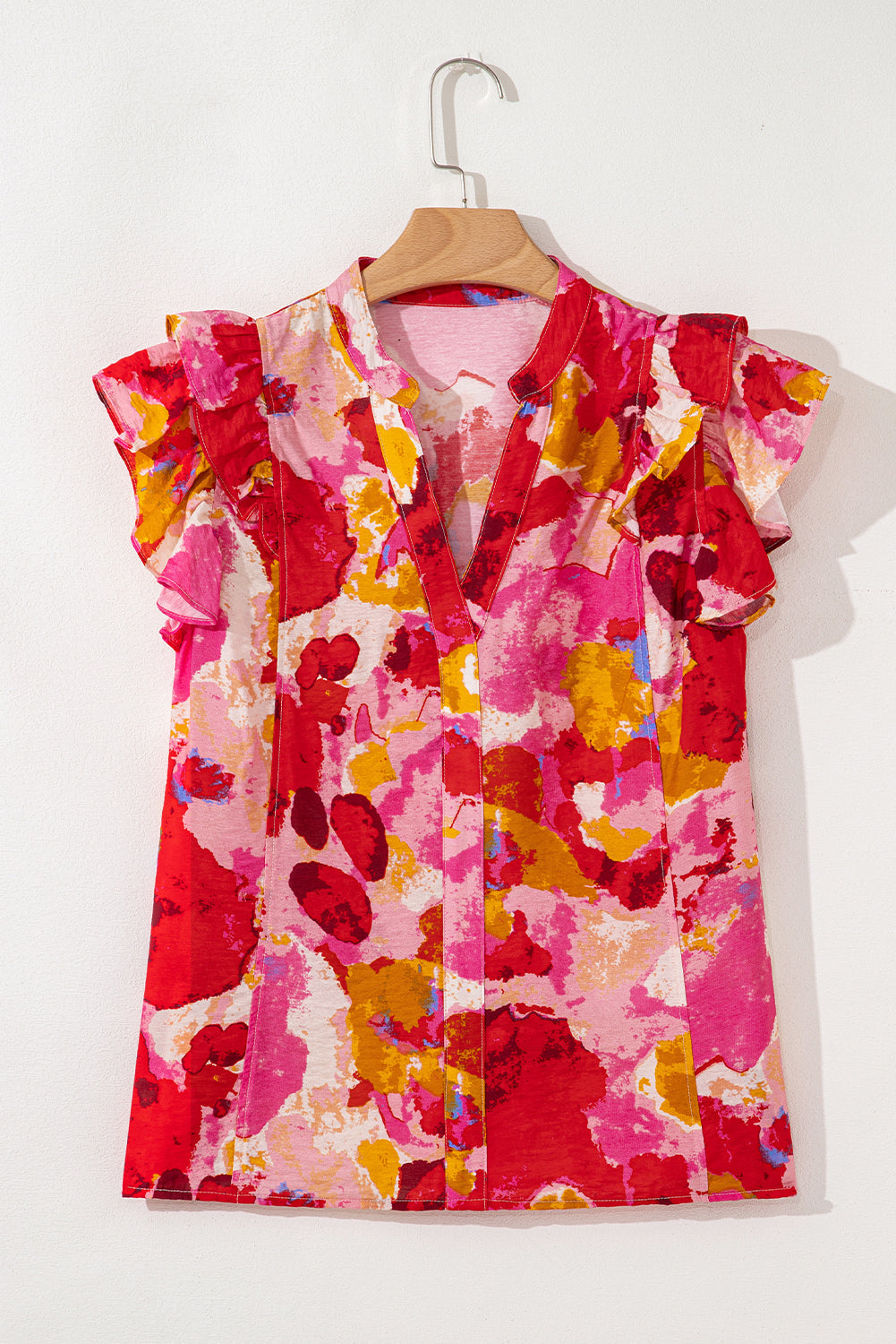 Red Abstract Print Split V Neck Ruffle Short Sleeve Blouse eAura