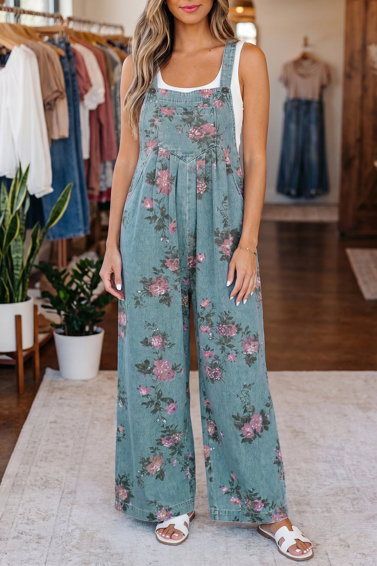 Floral Print Pleated Wide Leg Denim Jumpsuit – High Waist