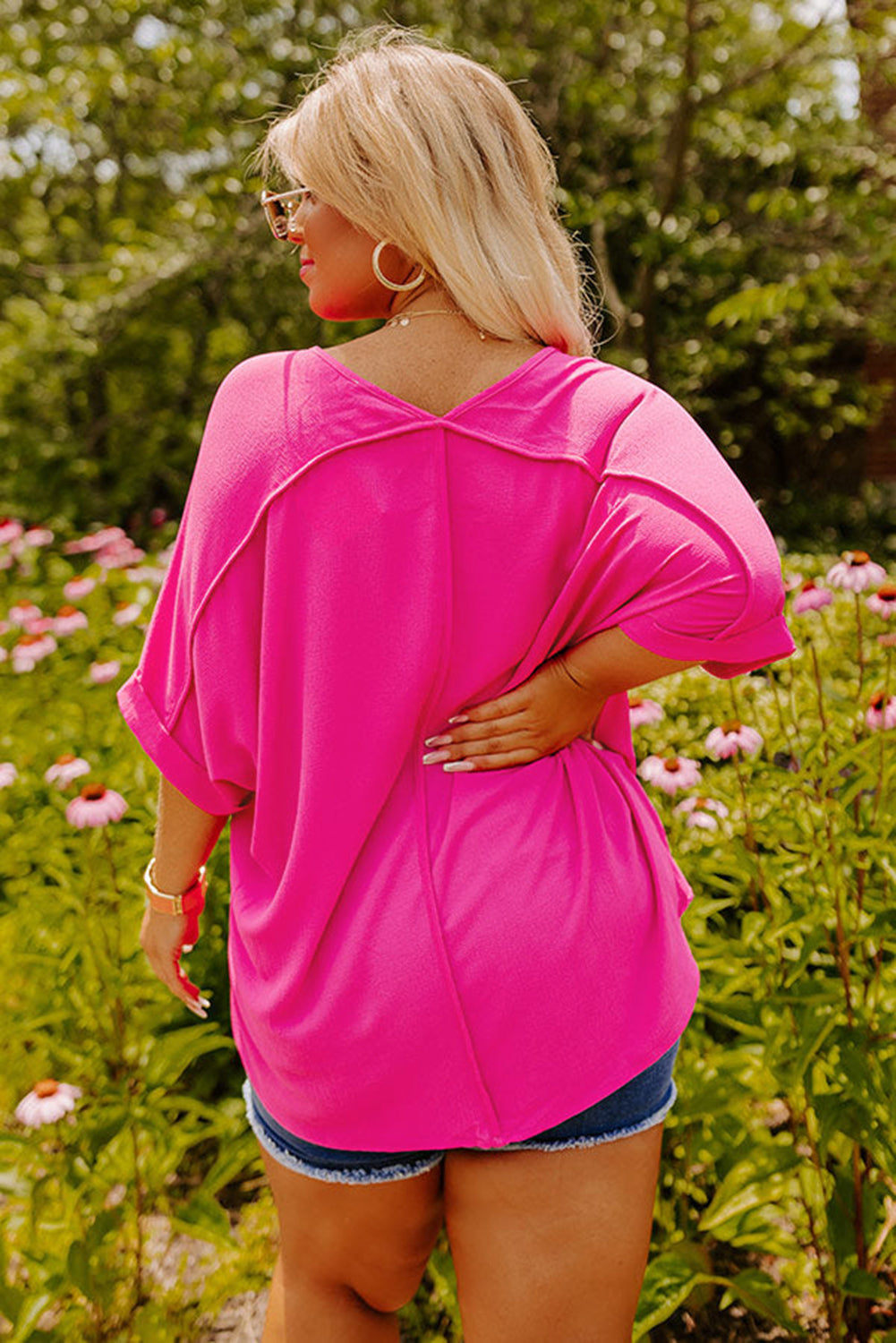 Bright Pink Seamed Back High Low Hem V Neck Cuffed Sleeve Plus Size Tee BB Fashion Outlet