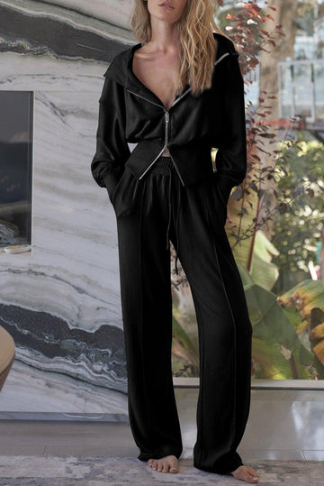 Black Double Zipper Hooded Jacket and Sweatpants Active Set Dear-Lover Dropshipping