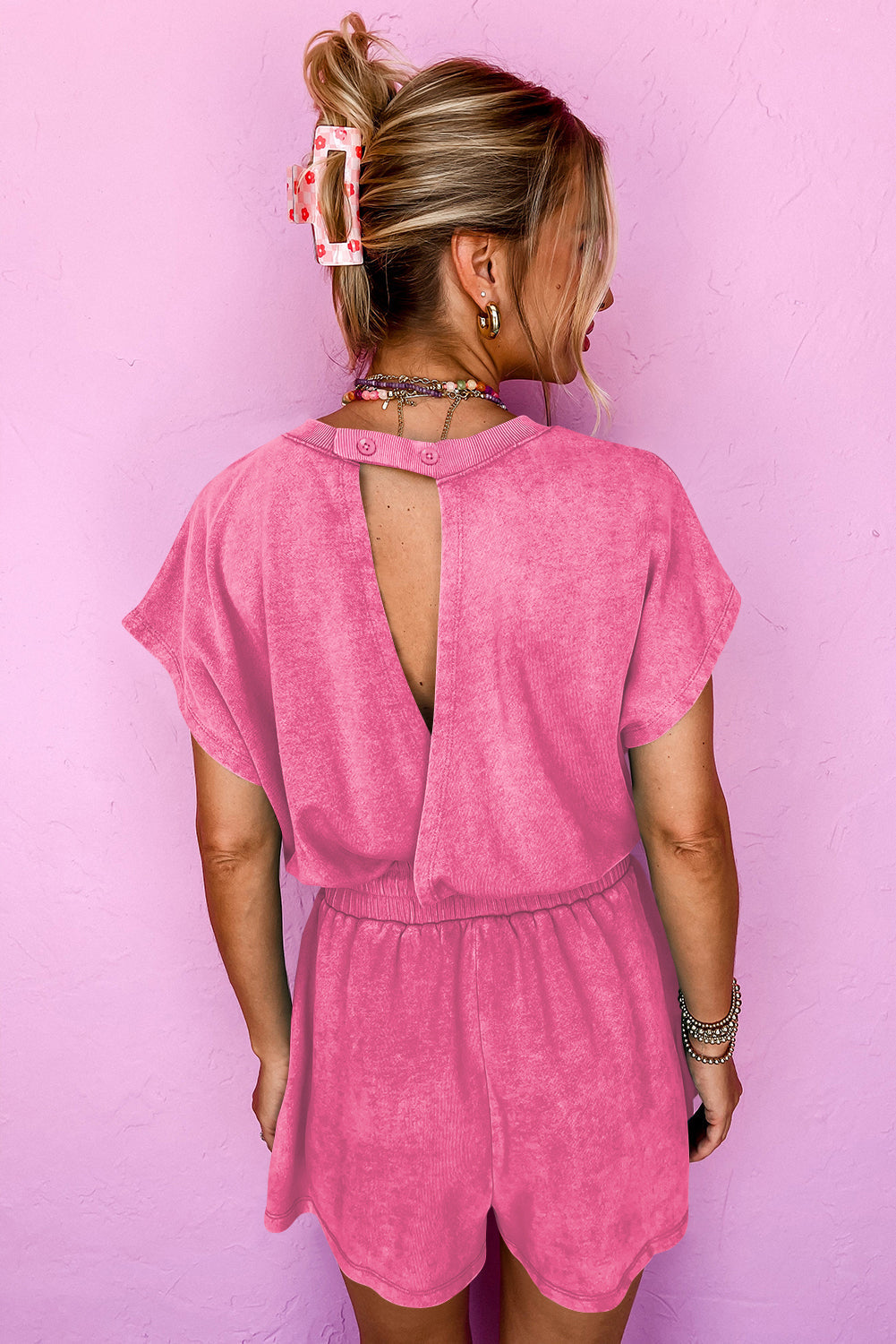 Mineral Wash Drawstring Waist Hollow Out Back Short Sleeve Romper eAura