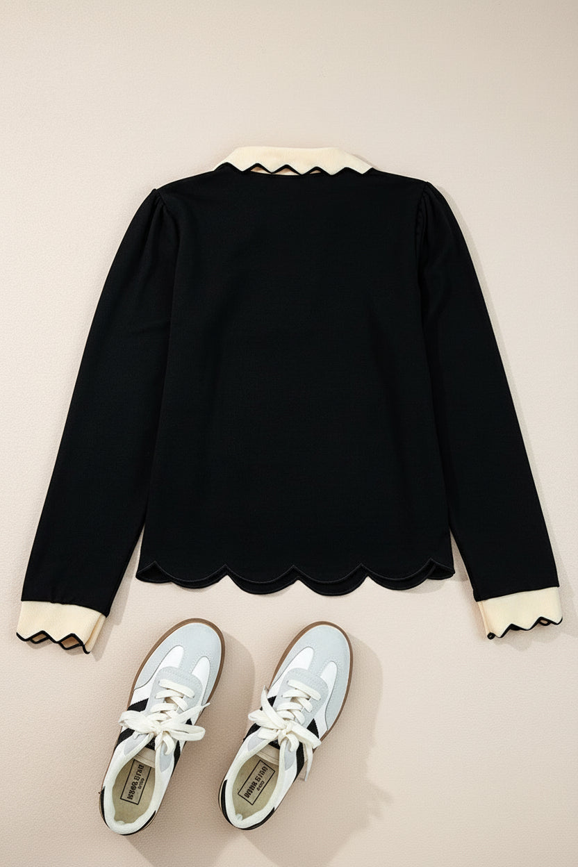 Scallop Trim Colour Block Long Sleeve Collared Top - eAura
