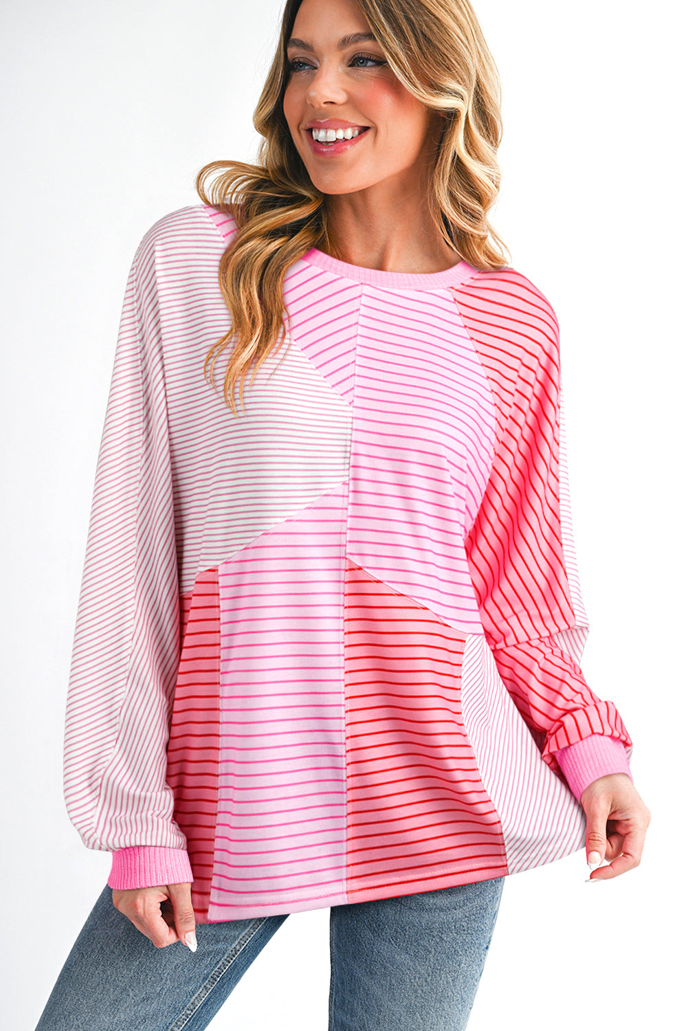 Pink Striped Exposed Seam Casual Long Sleeve Top eAura