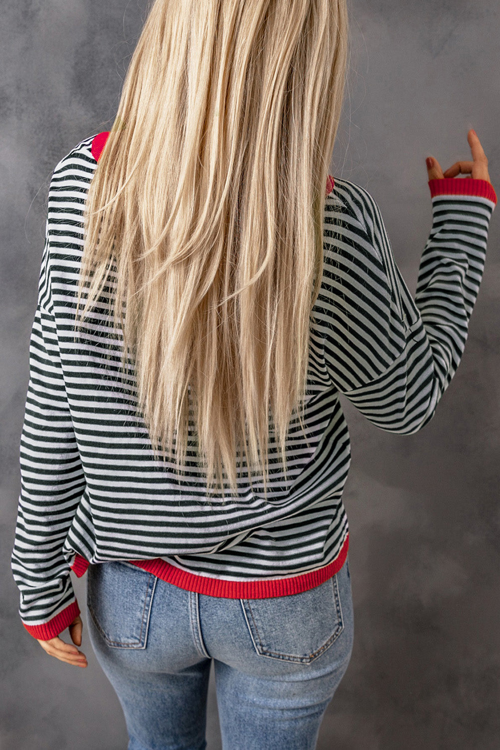 Contrast Trimmed Striped Drop Shoulder Sweater eAura