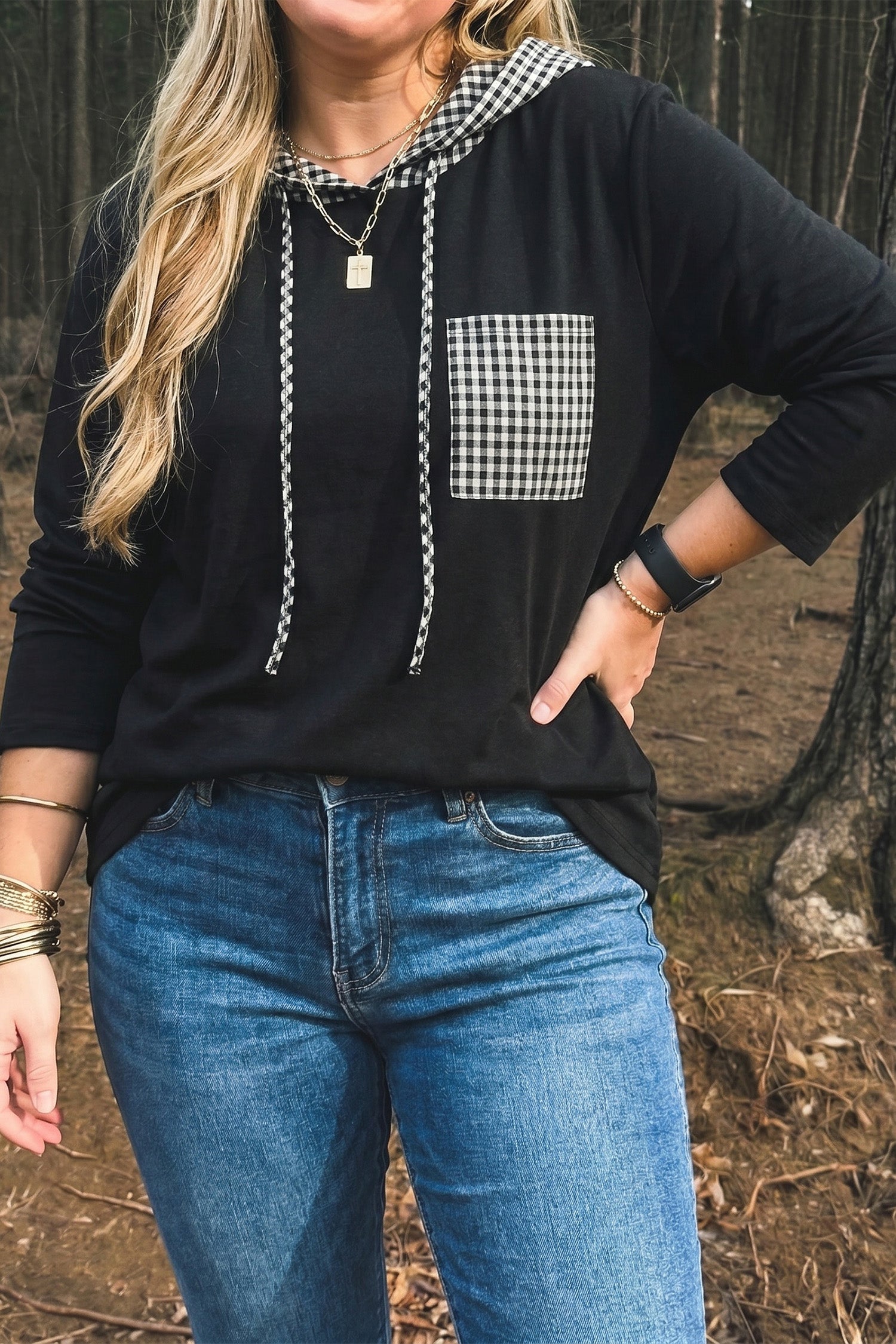 Hooded Gingham Paneling Chest Patch Pocket Long Sleeve Plus Size Blouse – Black