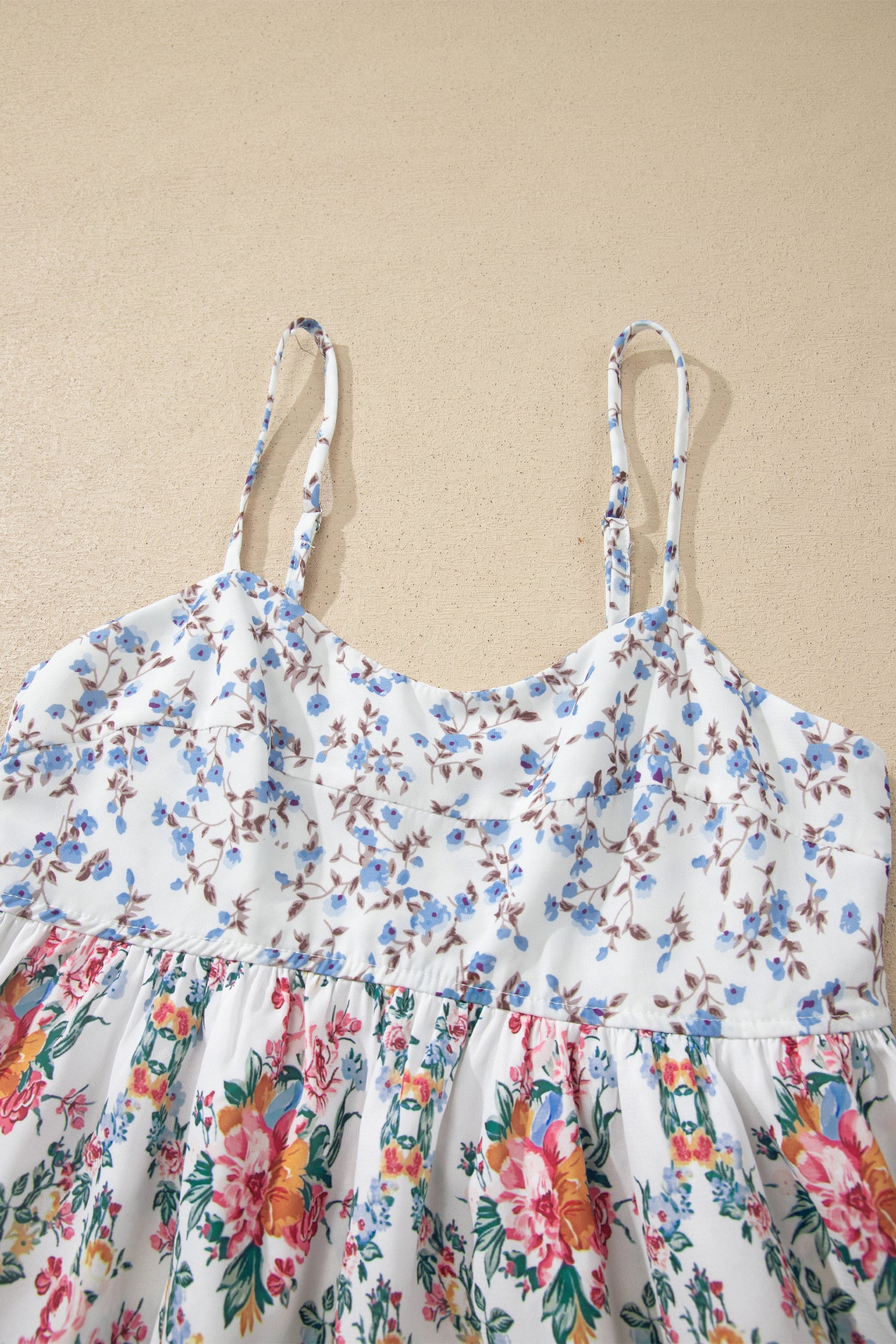 Contrast Floral Printed Patchwork Spaghetti Straps Babydoll Top – White