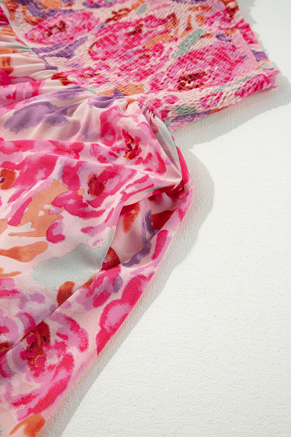 Pink Abstract Floral Print Shirred One Shoulder Maxi Dress eAura