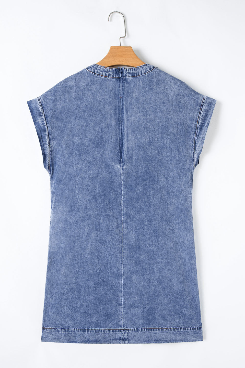 Beau Blue Tie V-Neck Tucking Detail Short Sleeve Denim Shift Dress - eAura