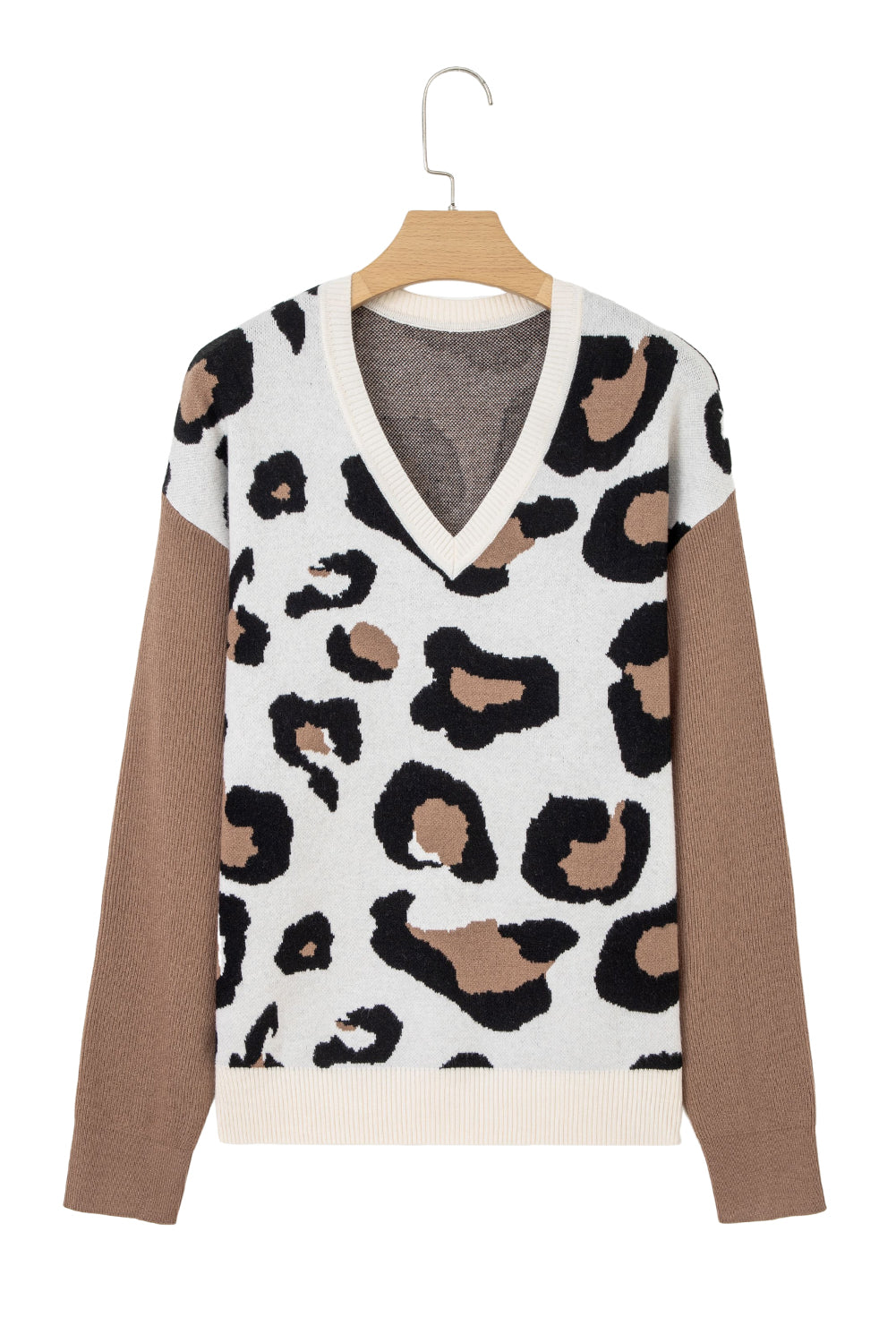 Leopard Print Patchwork Sleeve V-Neck Sweater - eAura