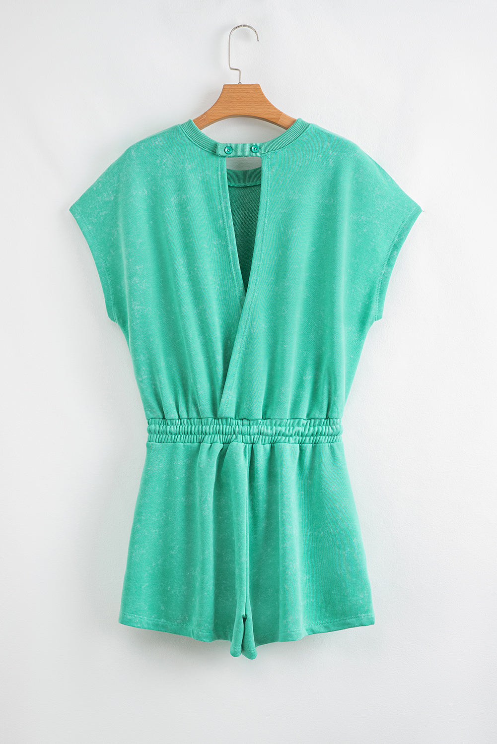 Sea Green Mineral Wash Drawstring Waist Hollow Out Back Short Sleeve Romper eAura