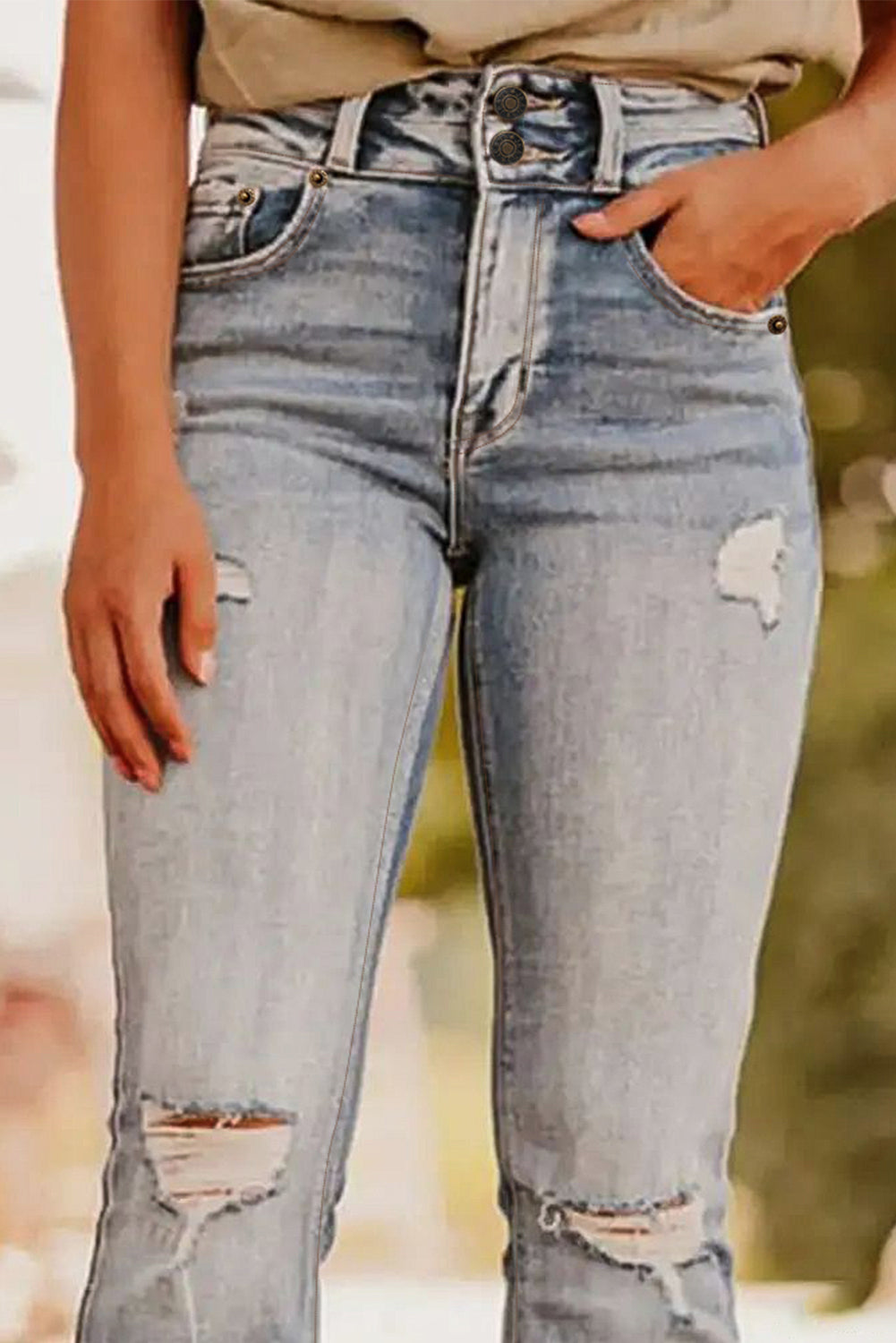Dusk Blue Vintage Light Wash Ripped Raw Edge Flare Jeans Beagle Boutique Fashion Outlet